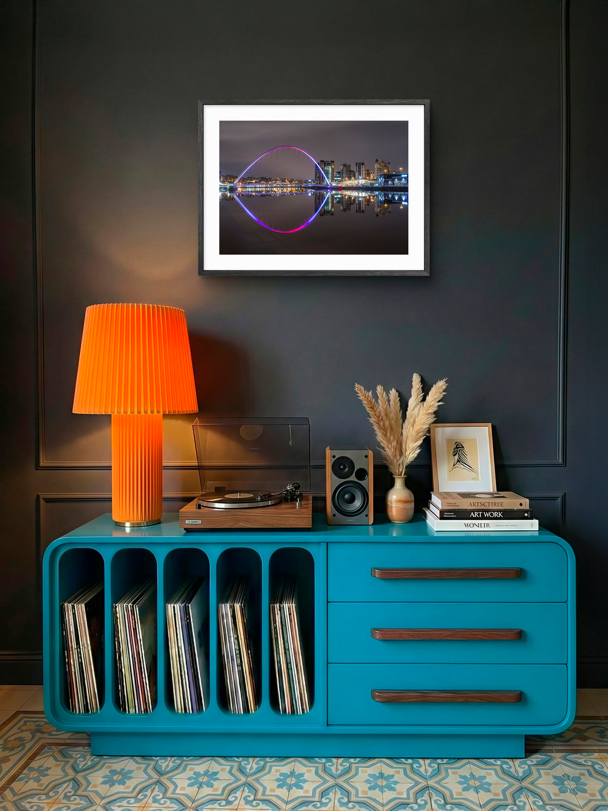 Millennium Bridge Gateshead - Illuminated at Night - Gateshead wall art displayed in a styled room setting.