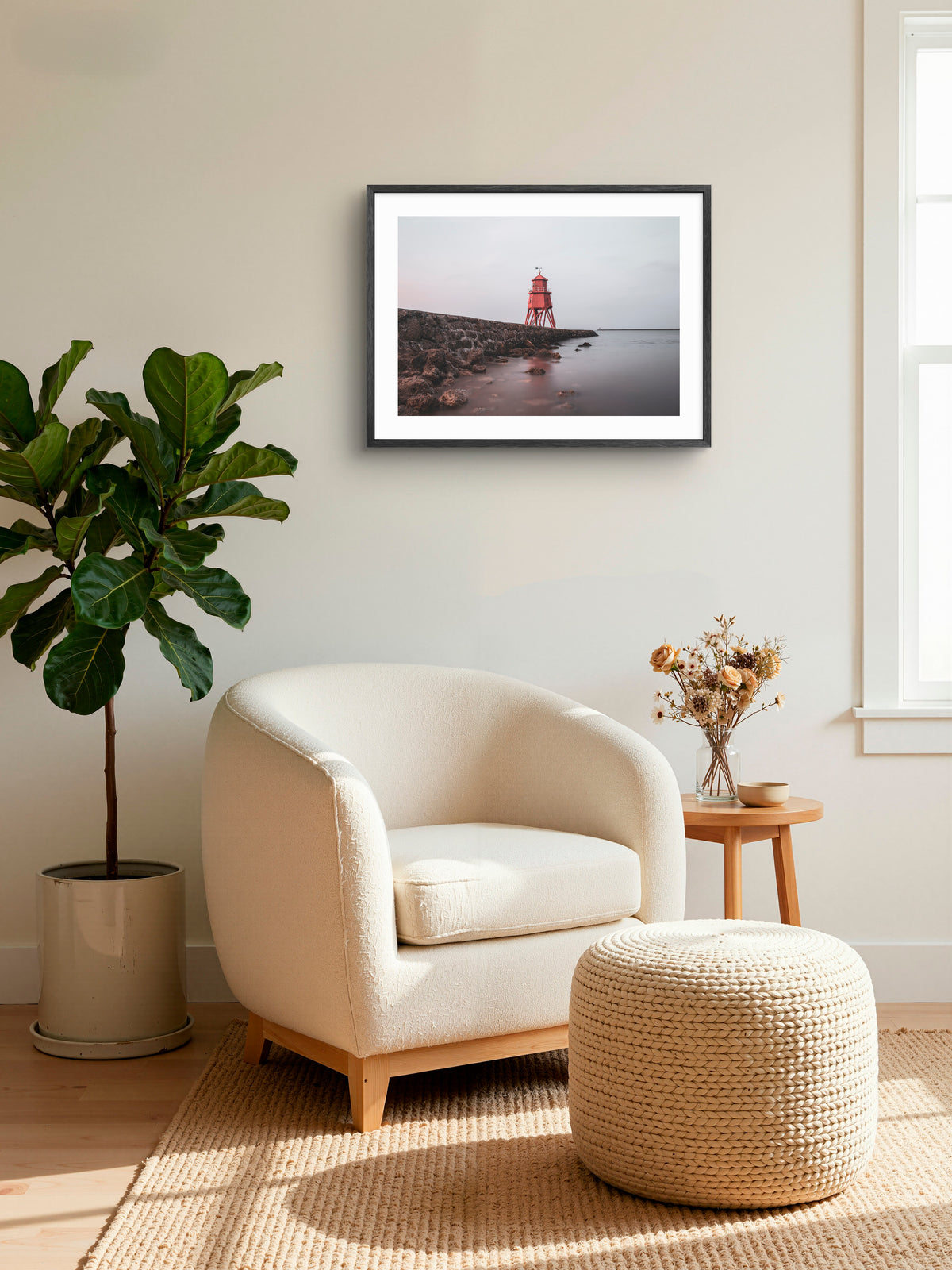 Herd Groyne Lighthouse - Reflecting on Water - South Shields wall art displayed in a styled room setting.