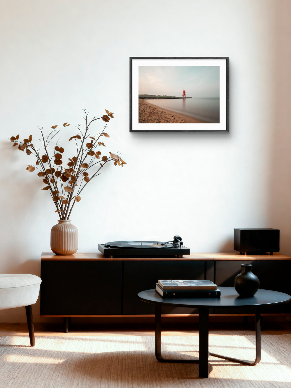 Herd Groyne Lighthouse - Sandhaven Beach - Long Exposure - South Shields wall art displayed in a styled room setting.