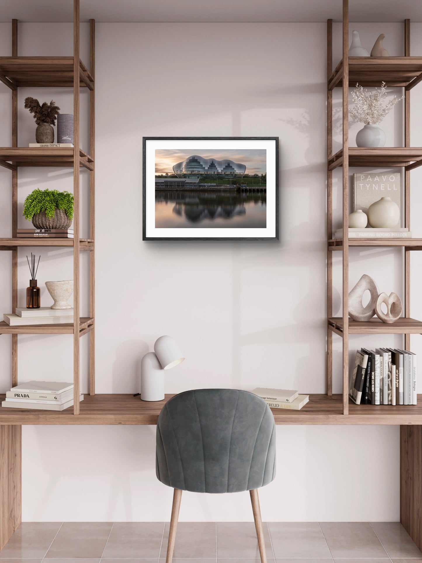 The Glasshouse (Sage) Gateshead - Reflecting on The River Tyne at Sunrise - Gateshead wall art displayed in a styled room setting.