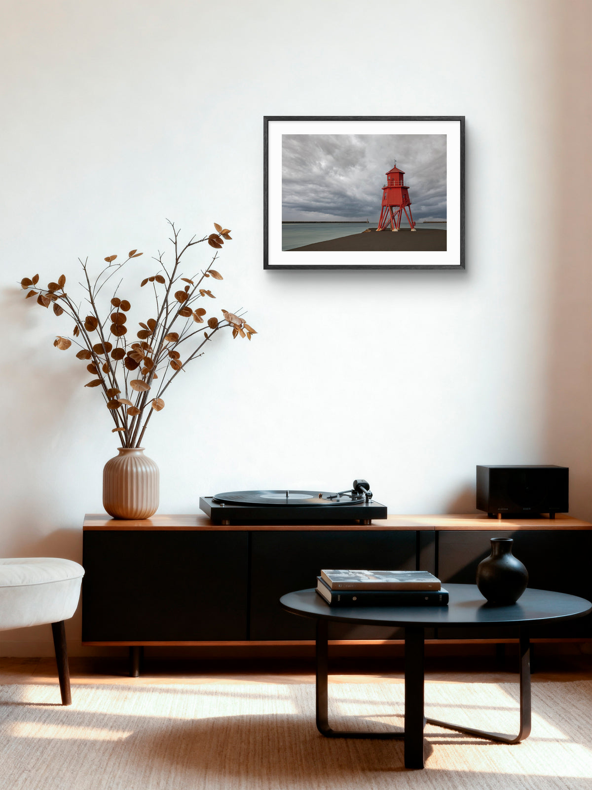Herd Groyne Lighthouse - Grey Skies - South Shields wall art displayed in a styled room setting.