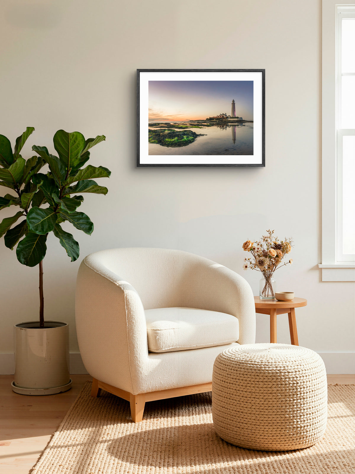 St Mary's Lighthouse - Seaweed Covered Rocks - Whitley Bay wall art displayed in a styled room setting.