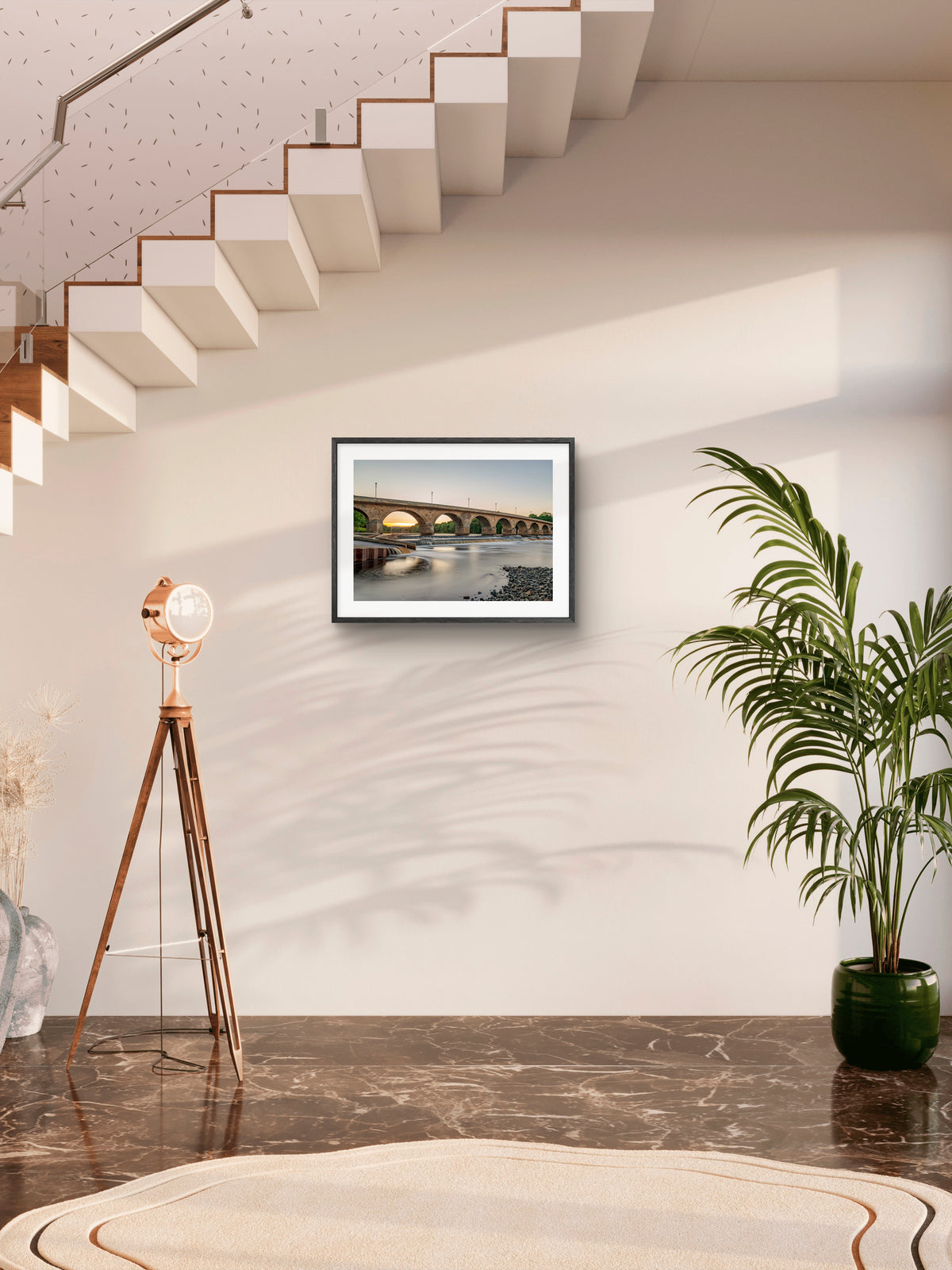 Hexham Bridge - Crossing The Tyne - Sunset through Arches - Hexham wall art displayed in a styled room setting.