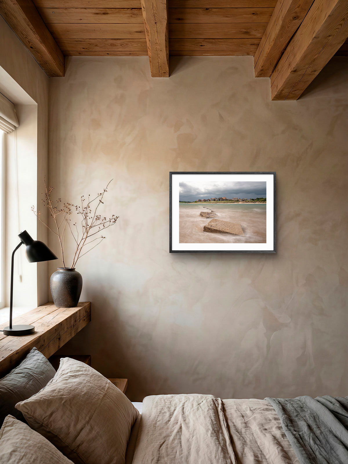 River Aln storm wall art displayed in a brown bedroom setting.