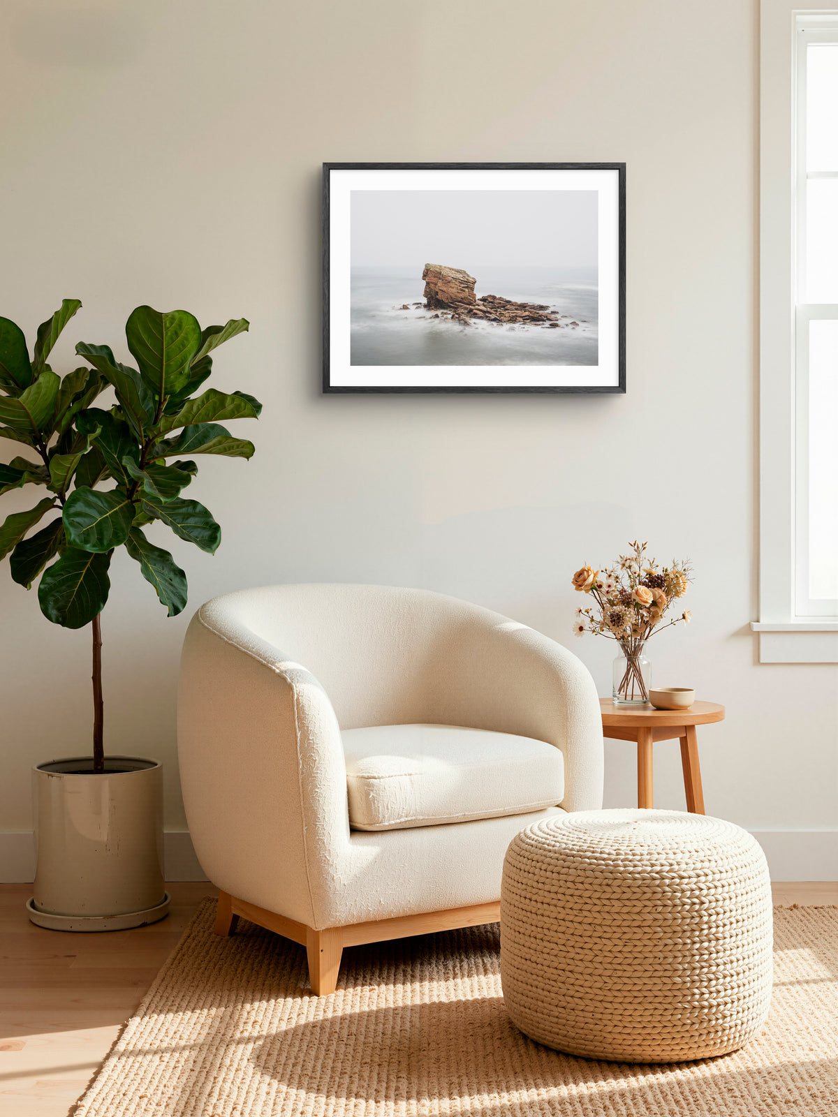 Charlie's Garden in fog at Seaton Sluice wall art displayed in a styled room setting.
