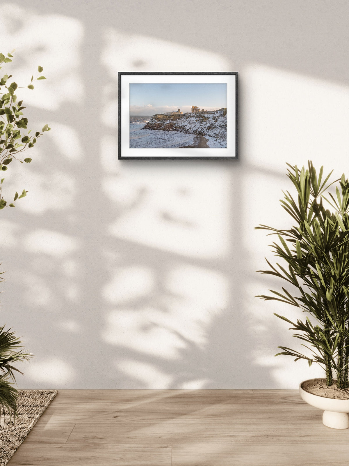 Framed artwork on a wall with plants on either side