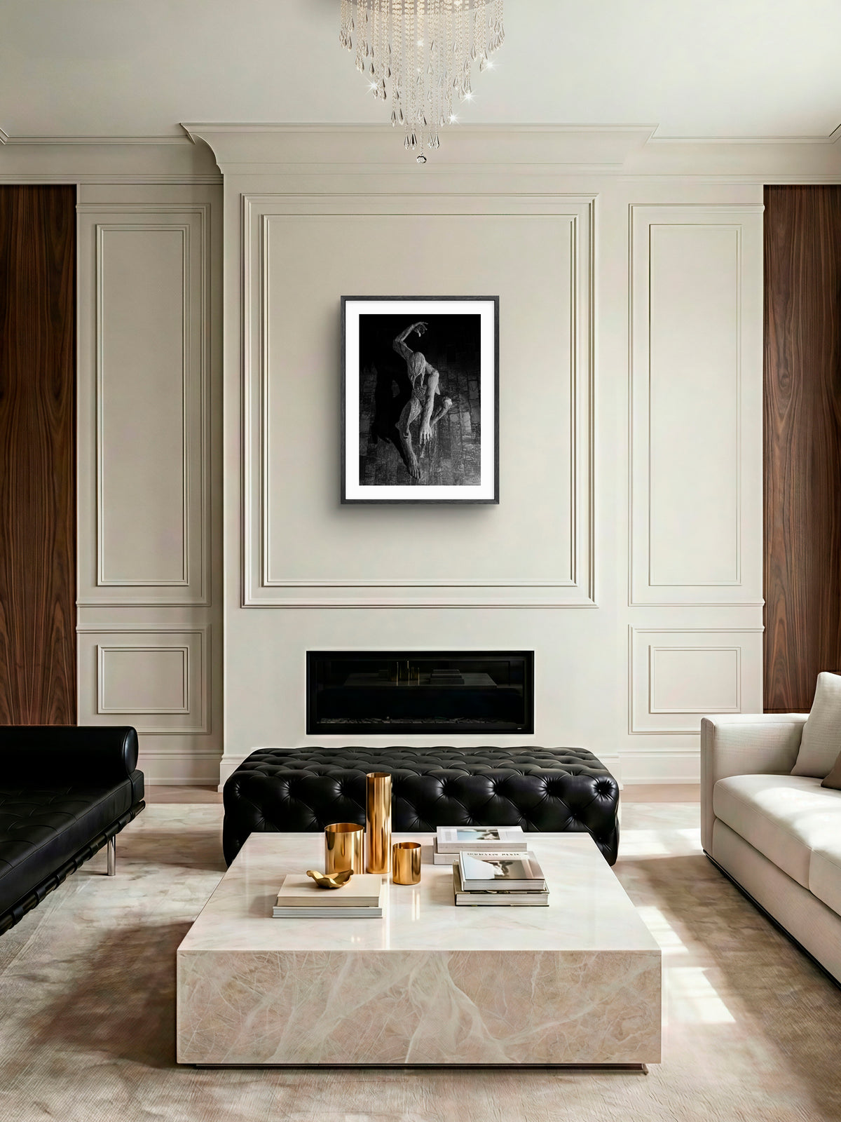 River God Tyne - Newcastle Civic Centre - Newcastle upon Tyne - Black and White wall art displayed in a styled room setting.