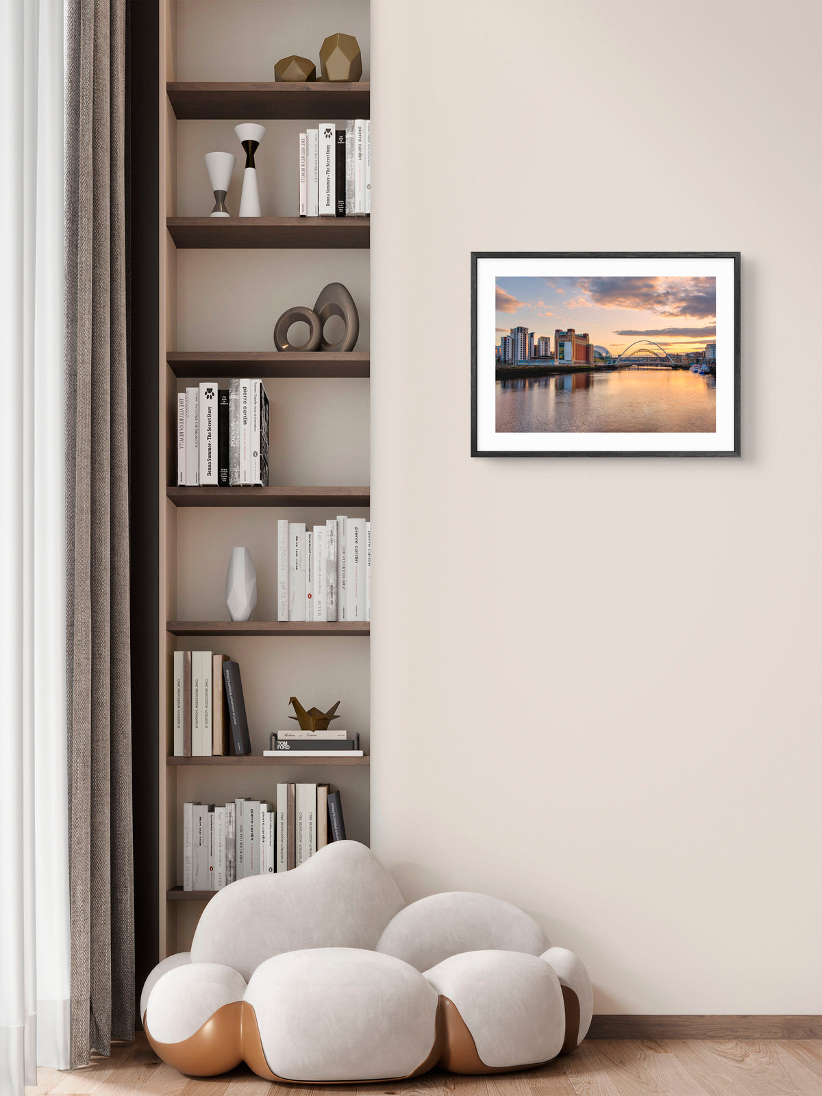 The Quayside and Bridges - Sunset - Newcastle - Gateshead wall art displayed in a styled room setting.