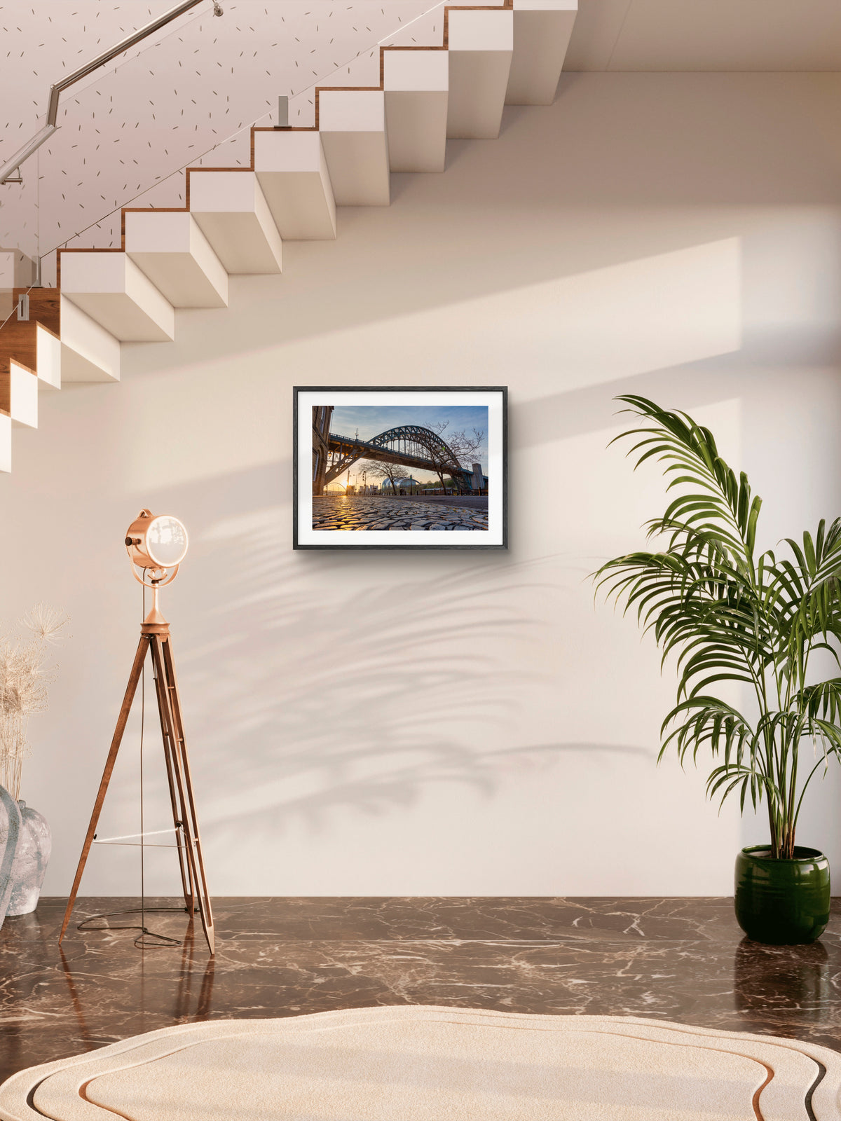The Quayside - Cobbled Street at Sunrise - Newcastle wall art displayed in a styled room setting.