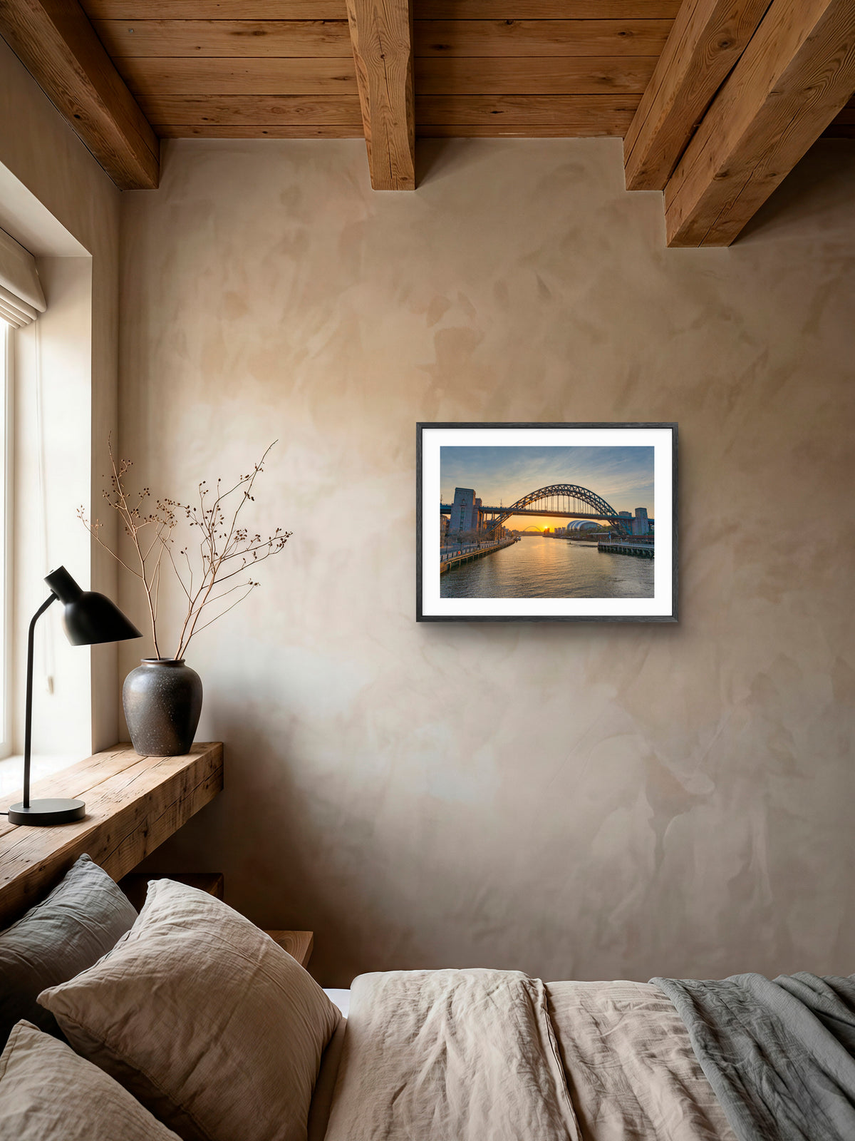 Tyne Bridge and River Tyne Sunrise - Newcastle - Gateshead wall art displayed in a styled room setting.