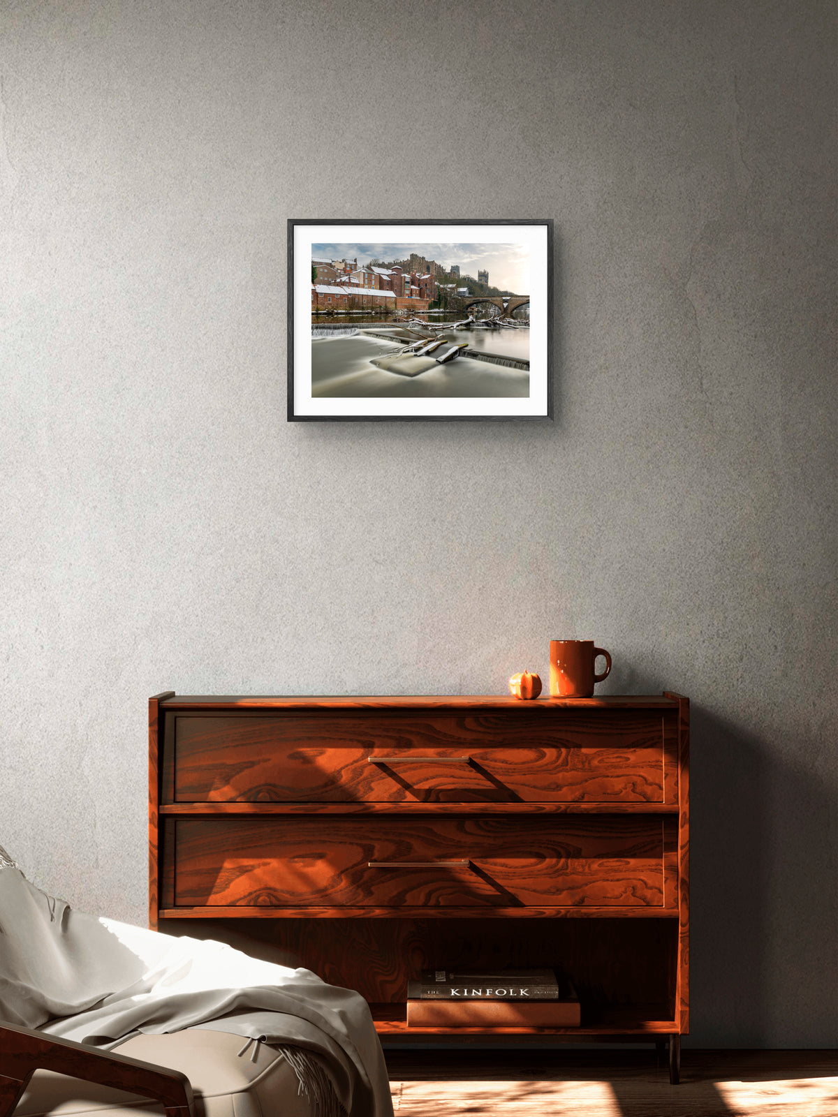 Framwellgate Bridge - River Wear - Winter - Durham wall art displayed in a styled room setting.