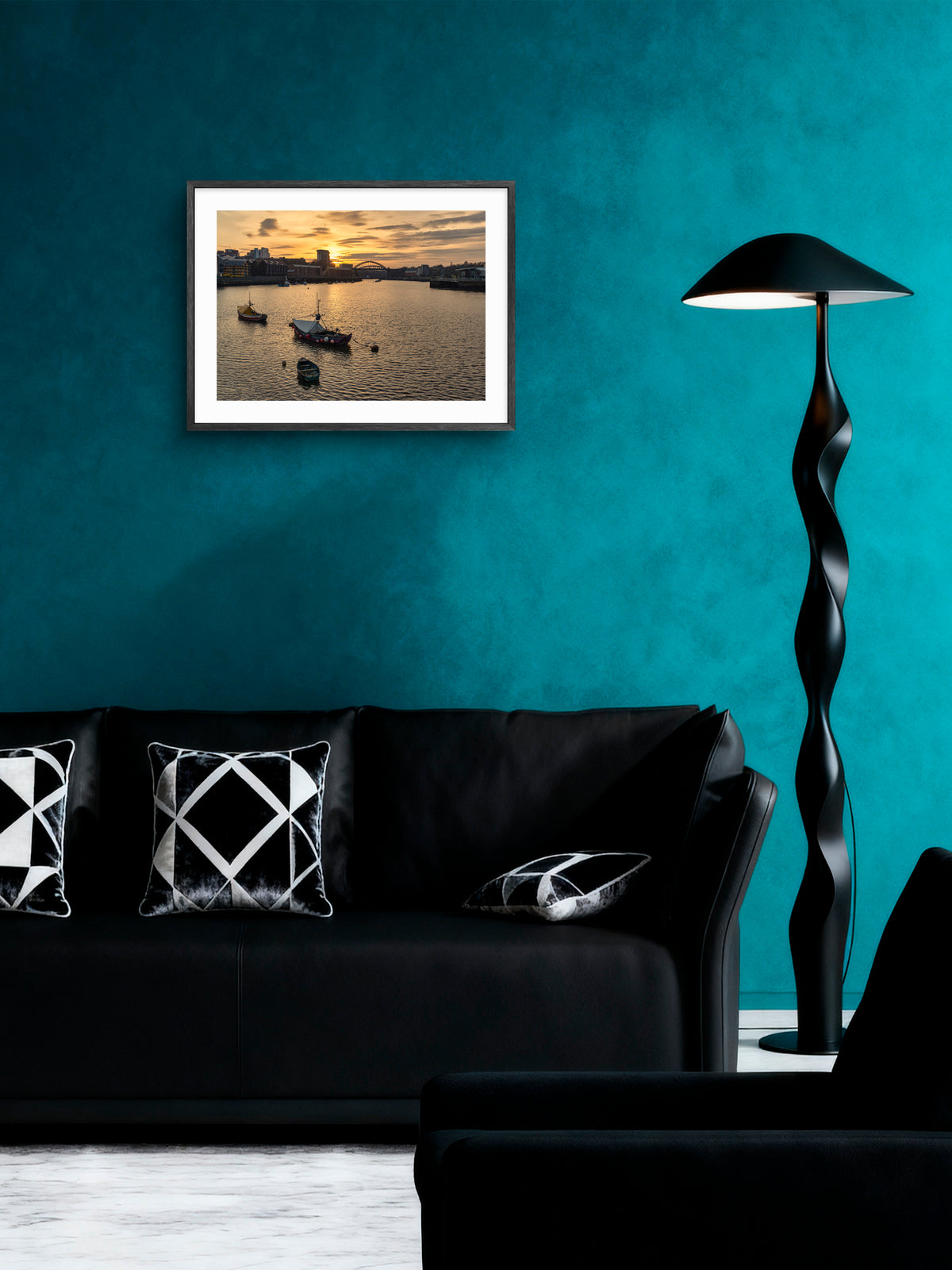 River Wear Boats - Wearmouth Bridge - Sunset - Sunderland wall art displayed in a styled room setting.