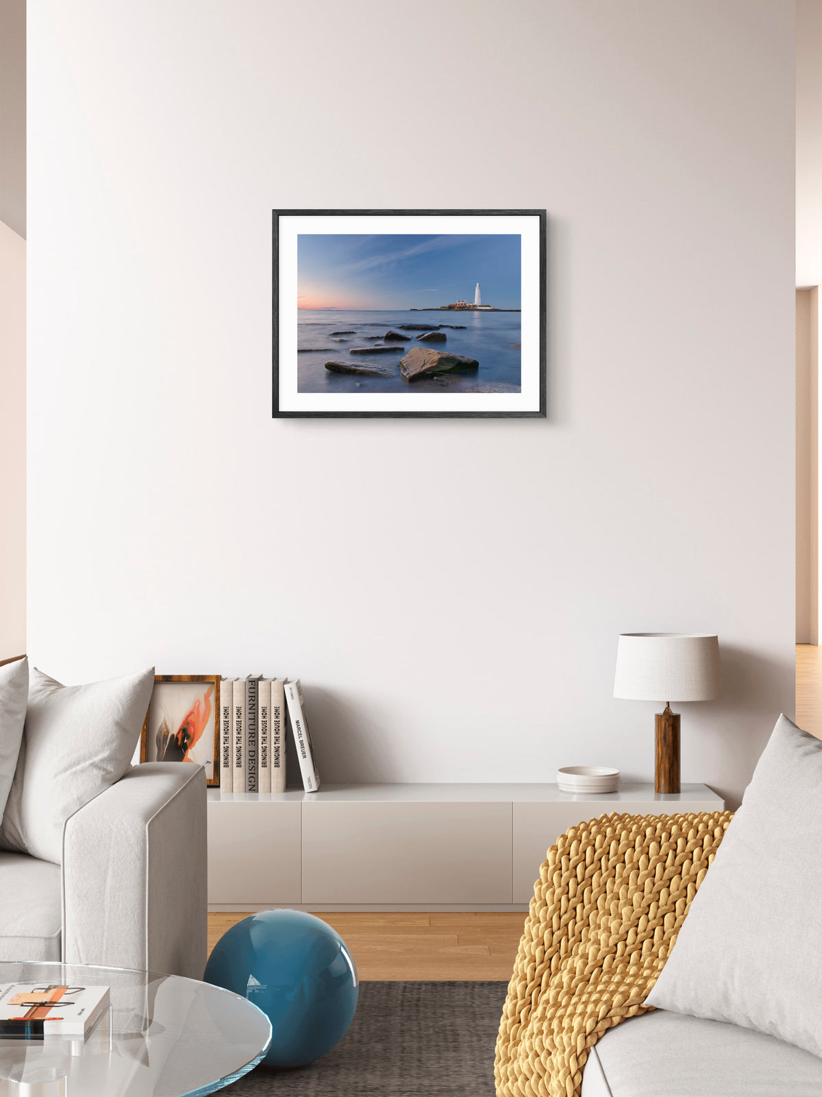 St Mary's Lighthouse - Whitley Bay - North East Captures wall art displayed in a styled room setting.