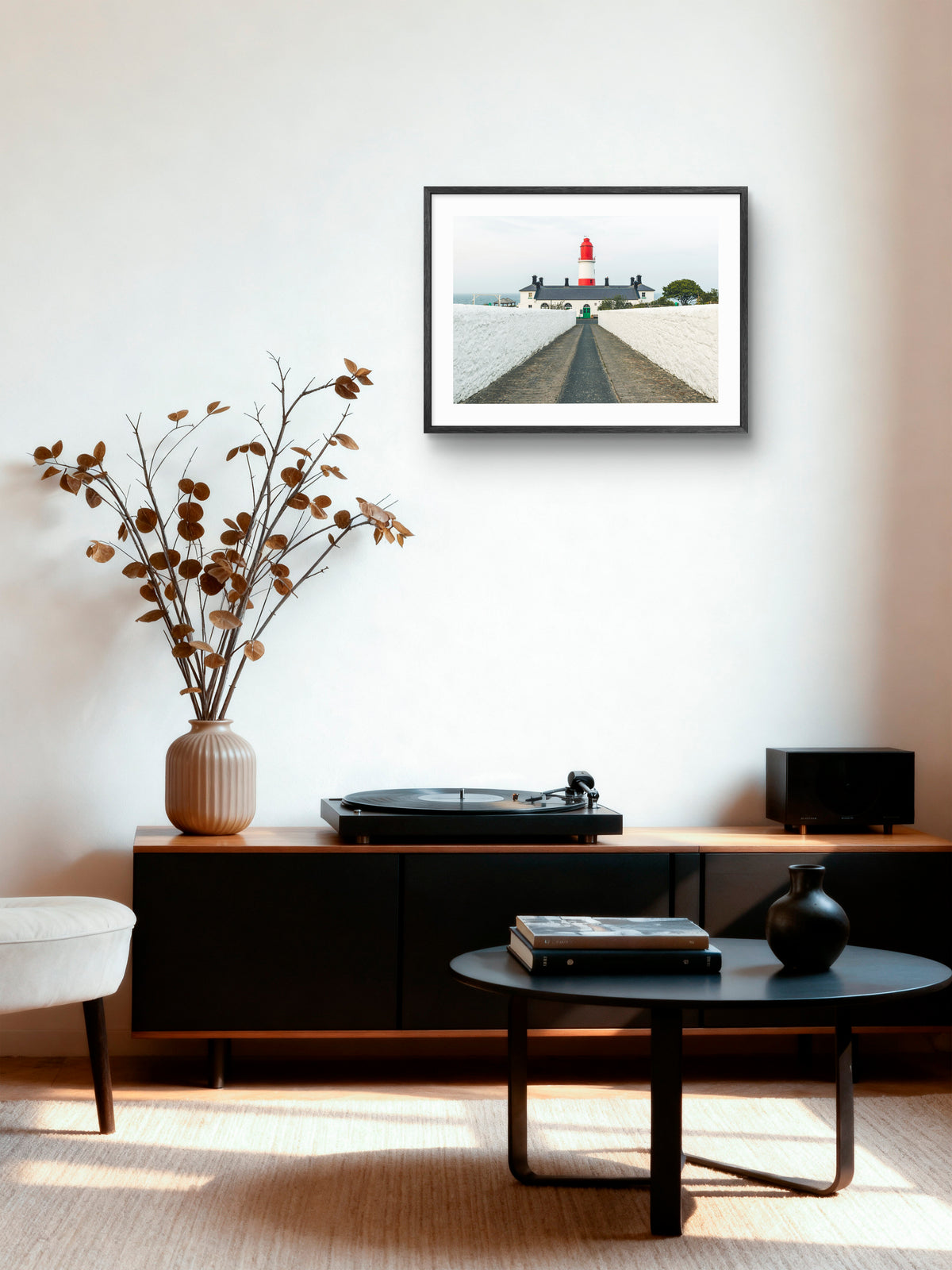 Souter Lighthouse - Red and White Lighthouse - Sunderland wall art displayed in a styled room setting.