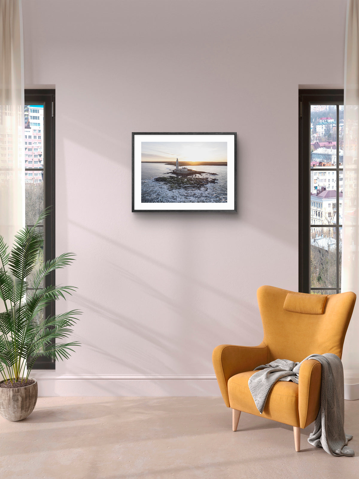 St Mary's Lighthouse - Whitley Bay Sunset - North East Captures wall art displayed in a styled room setting.