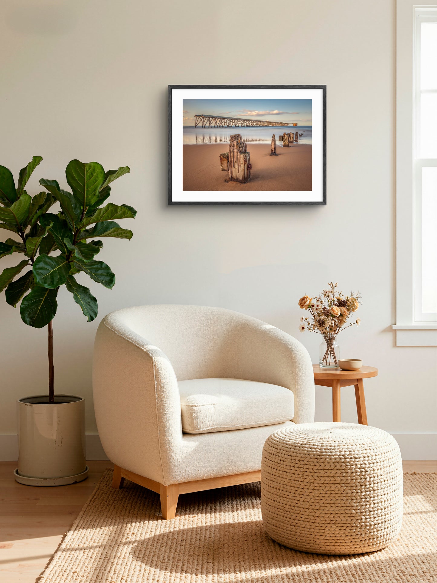 Steetley Pier - Wooden Beach Groyne - Hartlepool - Teesside wall art displayed in a styled room setting.