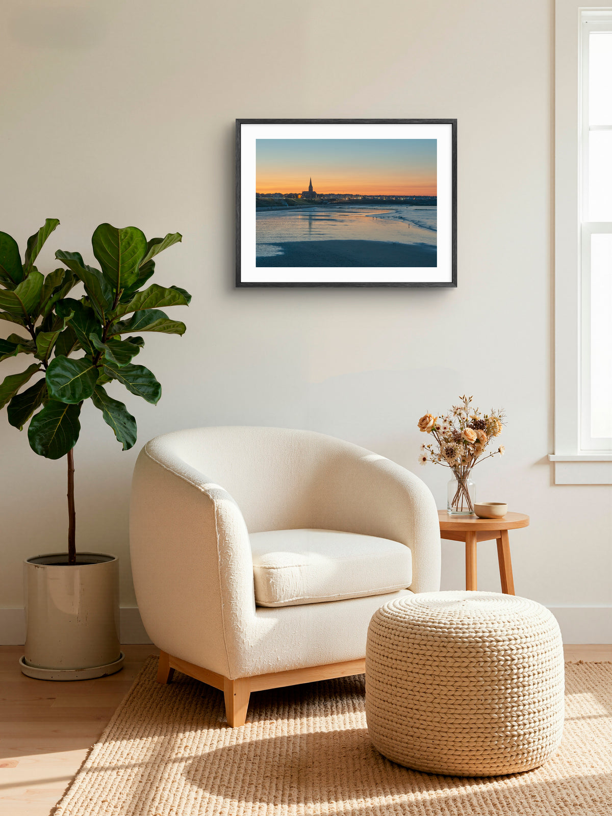 Tynemouth Longsands Beach - Sunset - Tynemouth - North Tyneside wall art displayed in a styled room setting.
