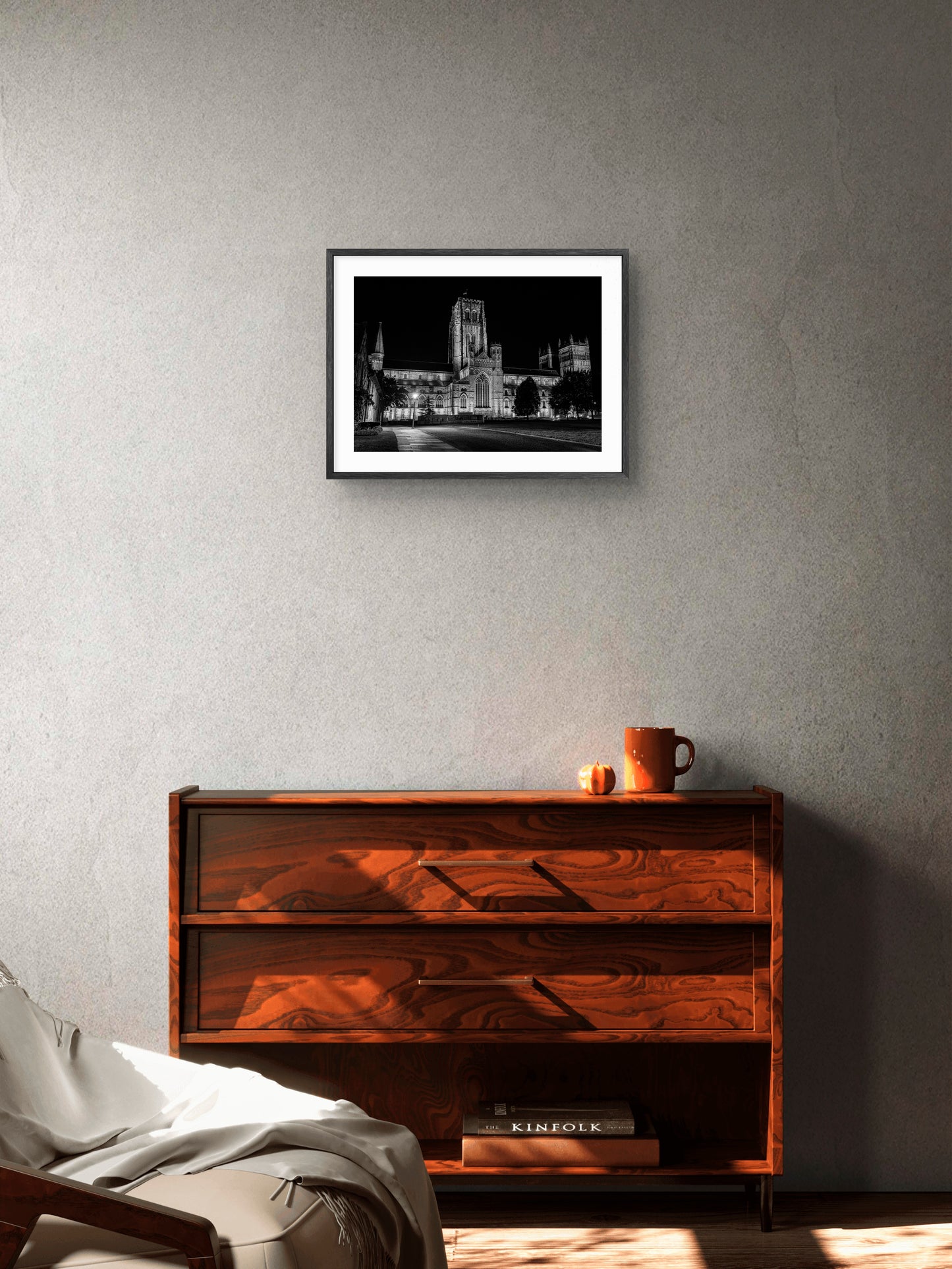 Durham Cathedral - Black and White - Durham wall art displayed in a styled room setting.