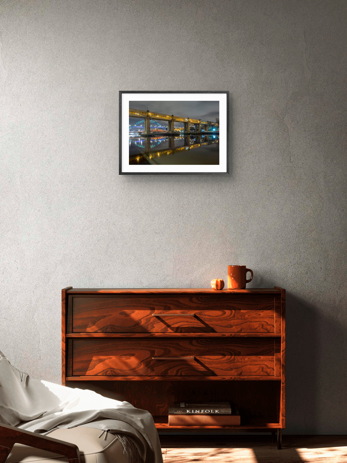 Newcastle Bridges - Crossing The Tyne at Night - Newcastle - Gateshead wall art displayed in a styled room setting.