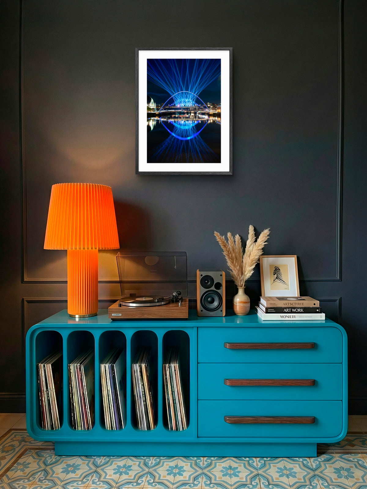 Newcastle Quayside New Year’s Eve Laser Show Print wall art displayed in a styled room setting.