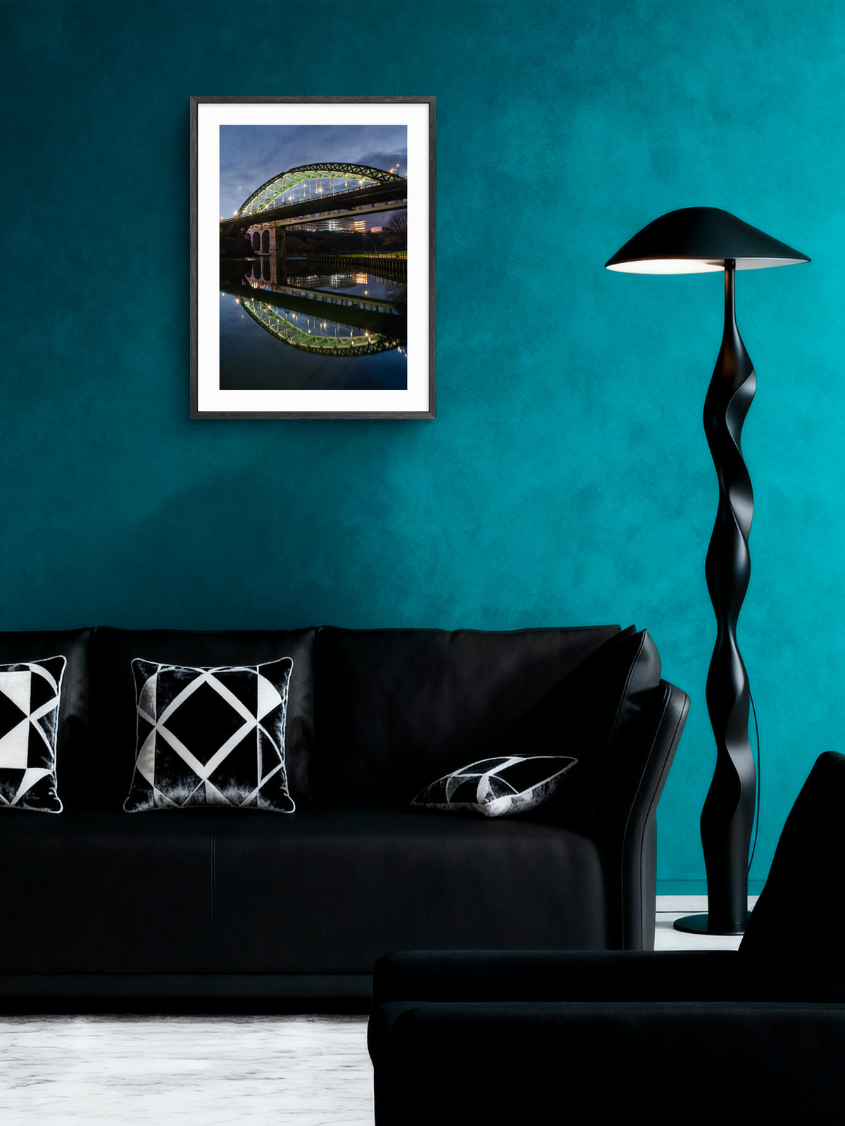 Wearmouth Bridge - Reflecting on a Still River Wear - Sunderland wall art displayed in a styled room setting.