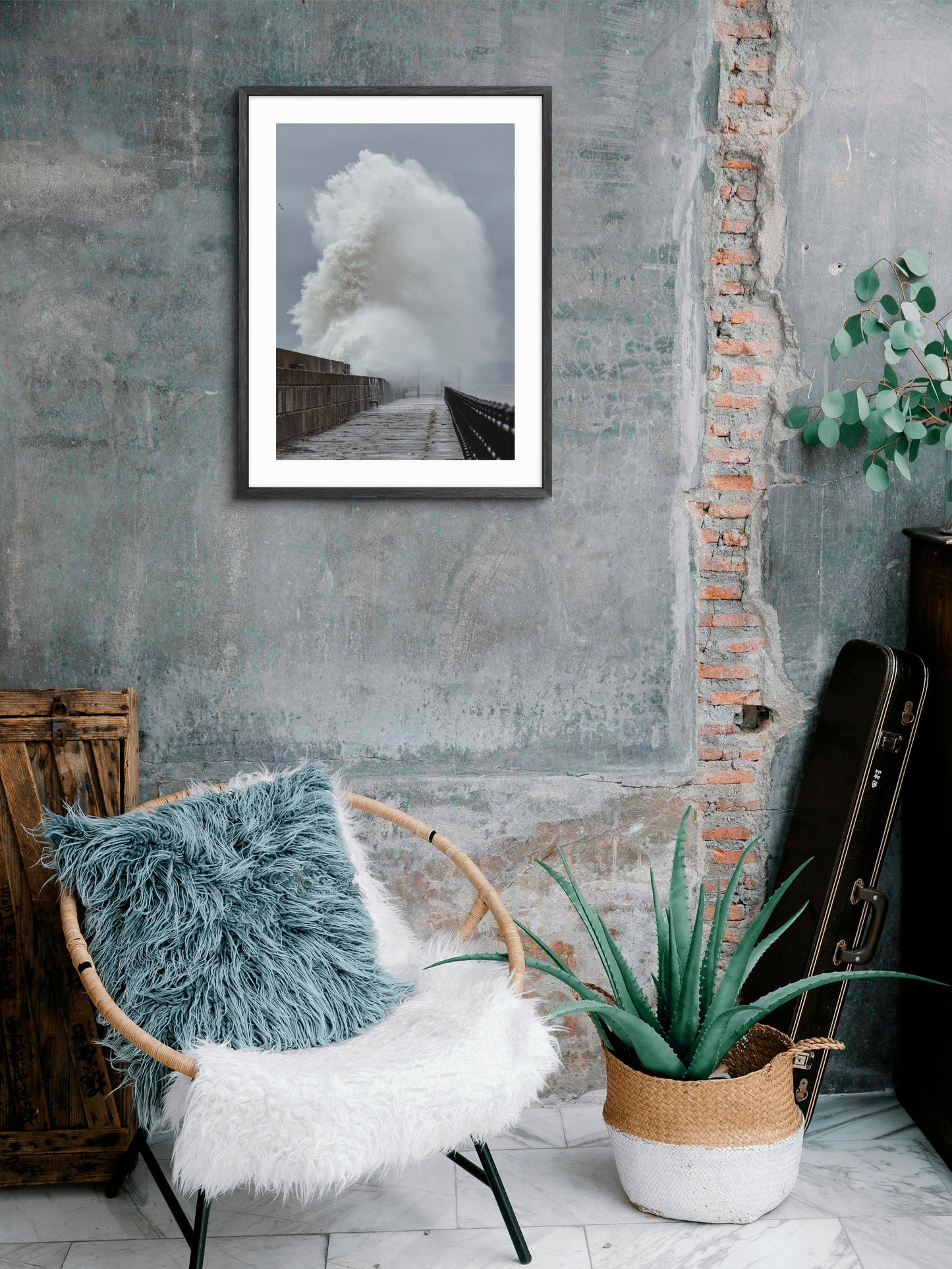 Heugh Breakwater Pier - Storm Waves - Hartlepool wall art displayed in a styled room setting.