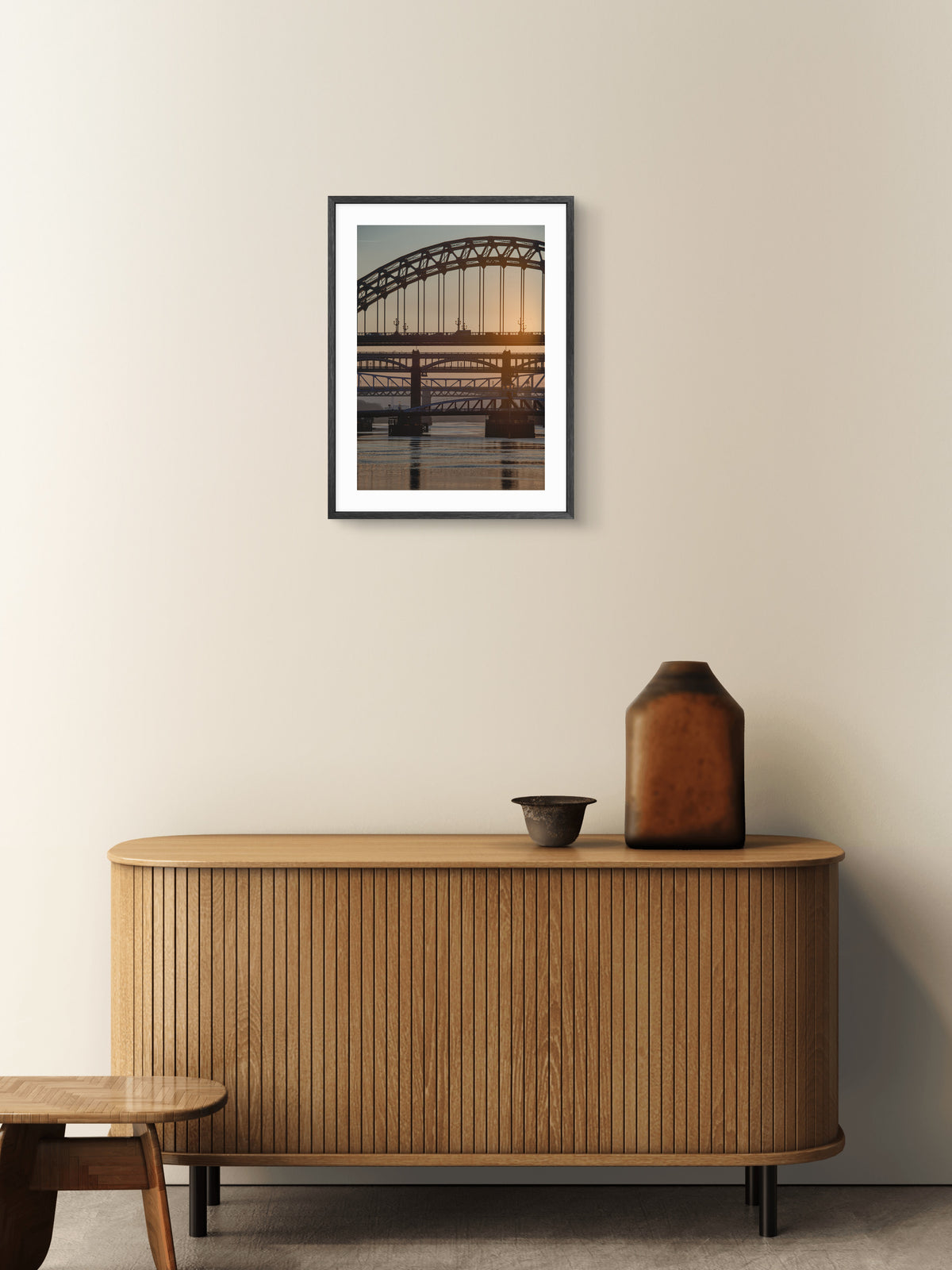 Newcastle Bridges - Sunset - Newcastle - Gateshead wall art displayed in a styled room setting.