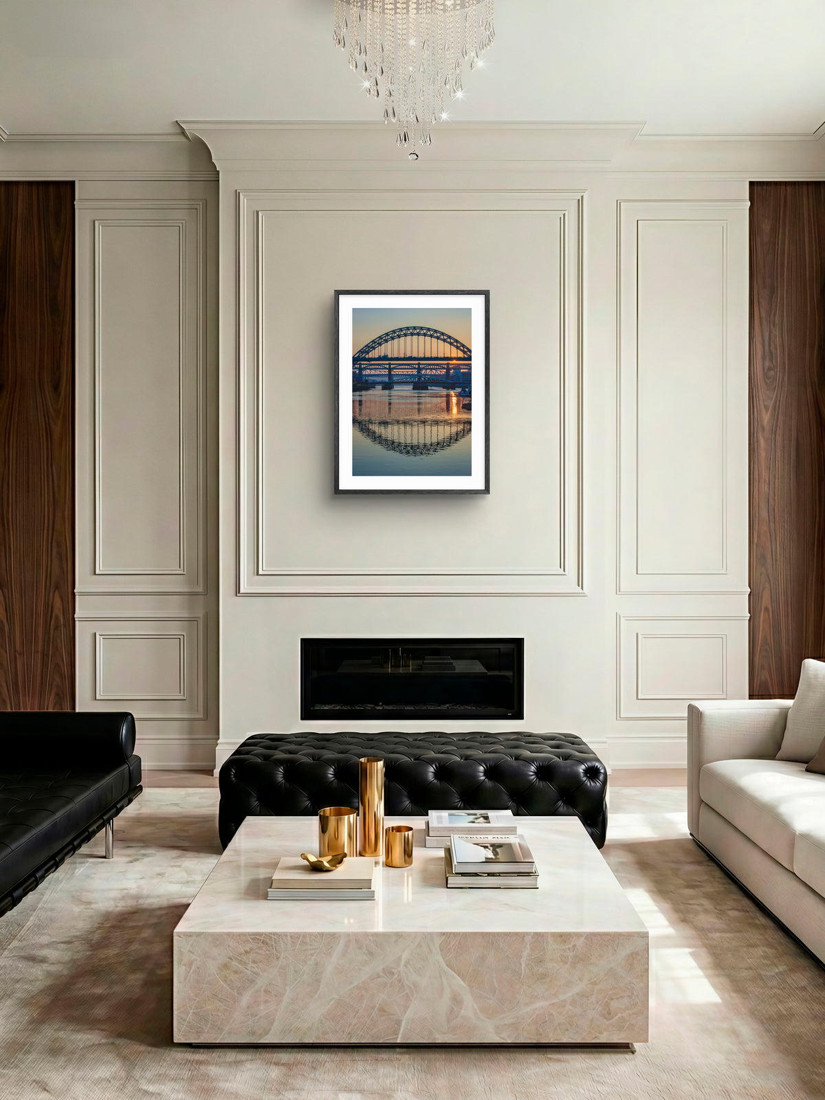 Newcastle Bridges crossing The River Tyne - Sunset River reflections - Gateshead - Newcastle wall art displayed in a styled room setting.