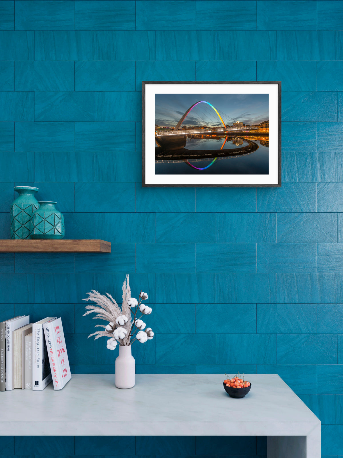 Millennium Bridge Gateshead - Rainbow Colours - Pride - NHS - Newcastle wall art displayed in a styled room setting.