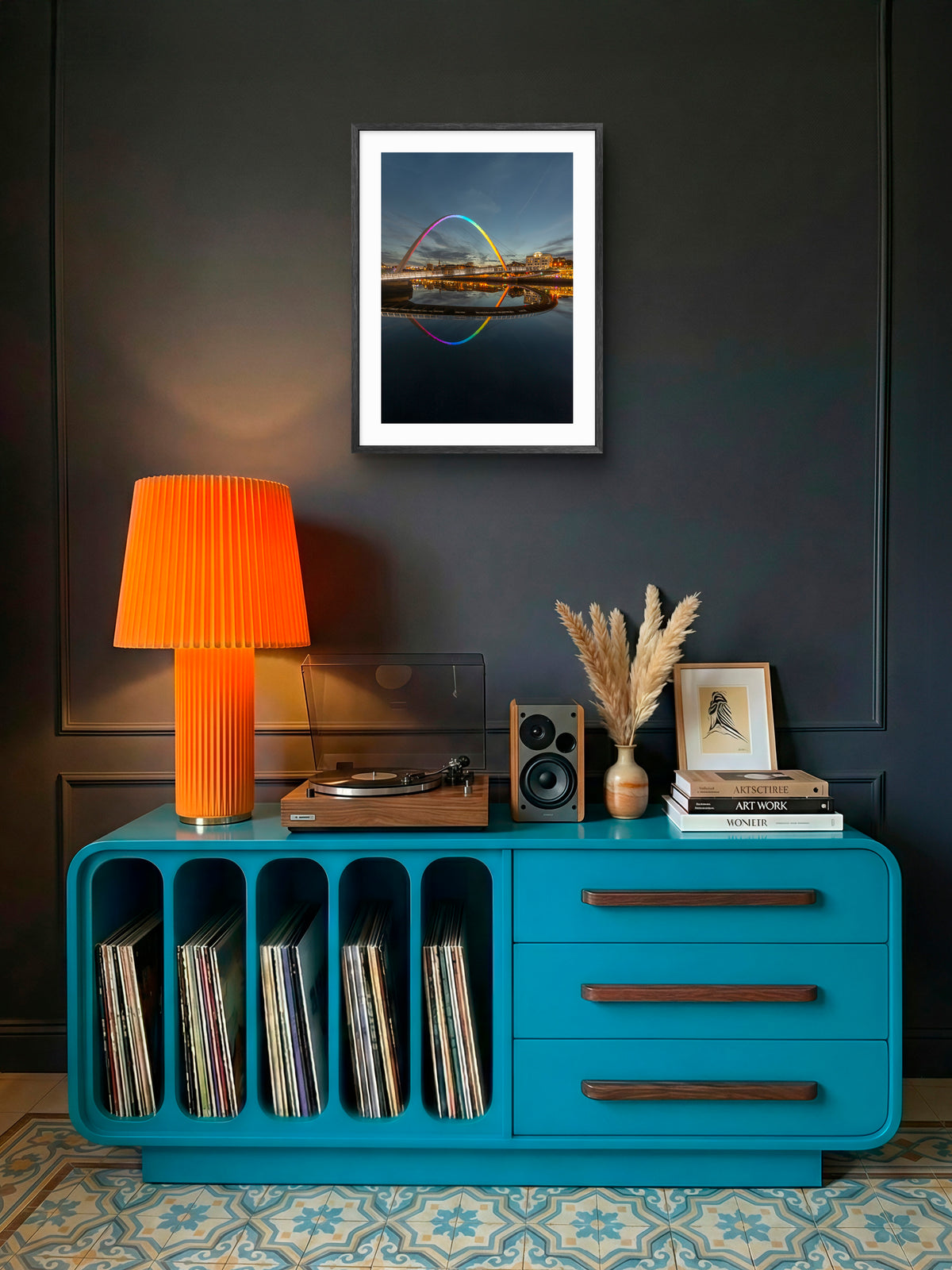 Millennium Bridge Gateshead - Pride Colours - Rainbow - Newcastle - Gateshead wall art displayed in a styled room setting.