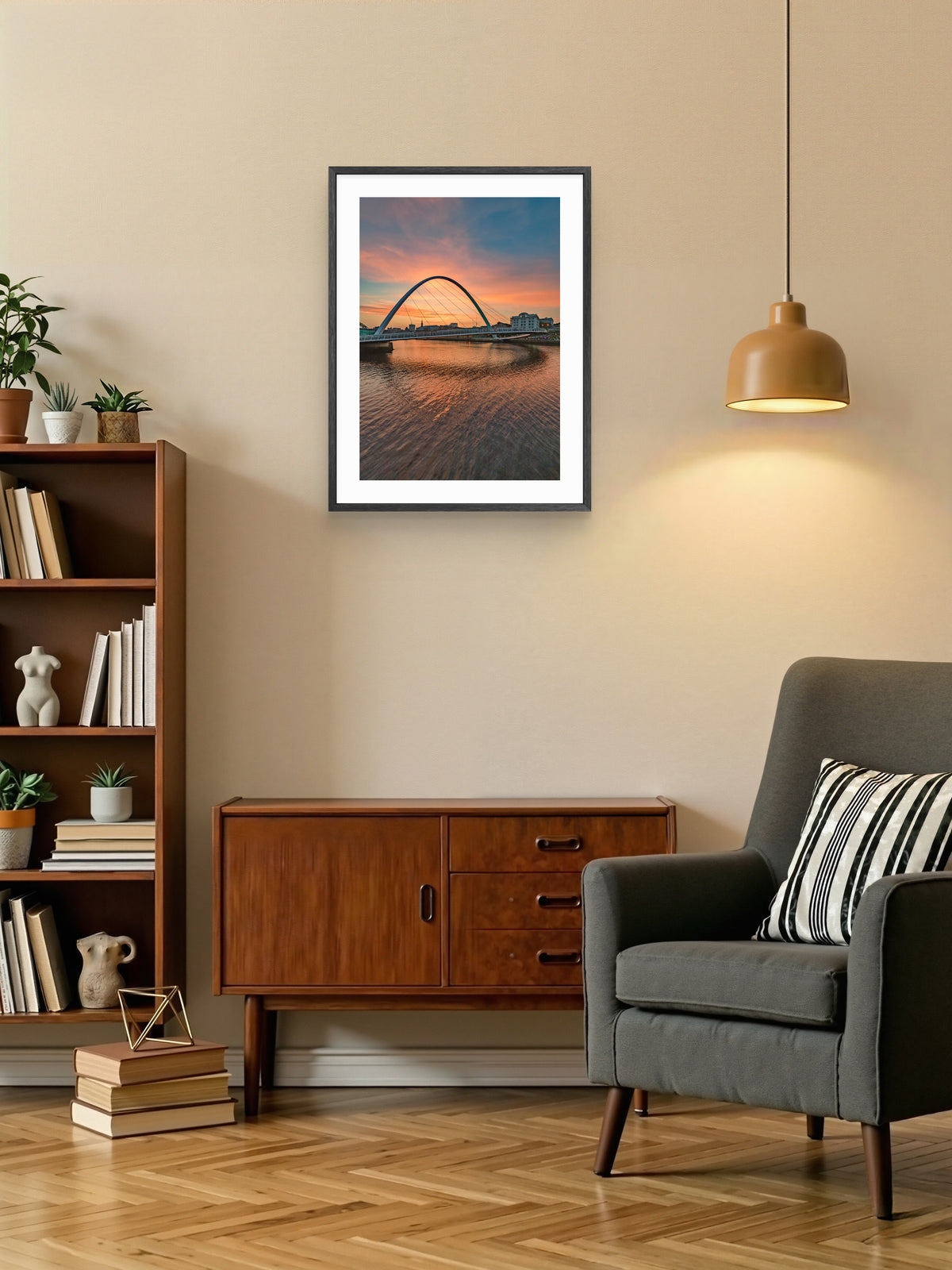 Millennium Bridge Sunset - Newcastle Gateshead Print wall art displayed in a styled room setting.