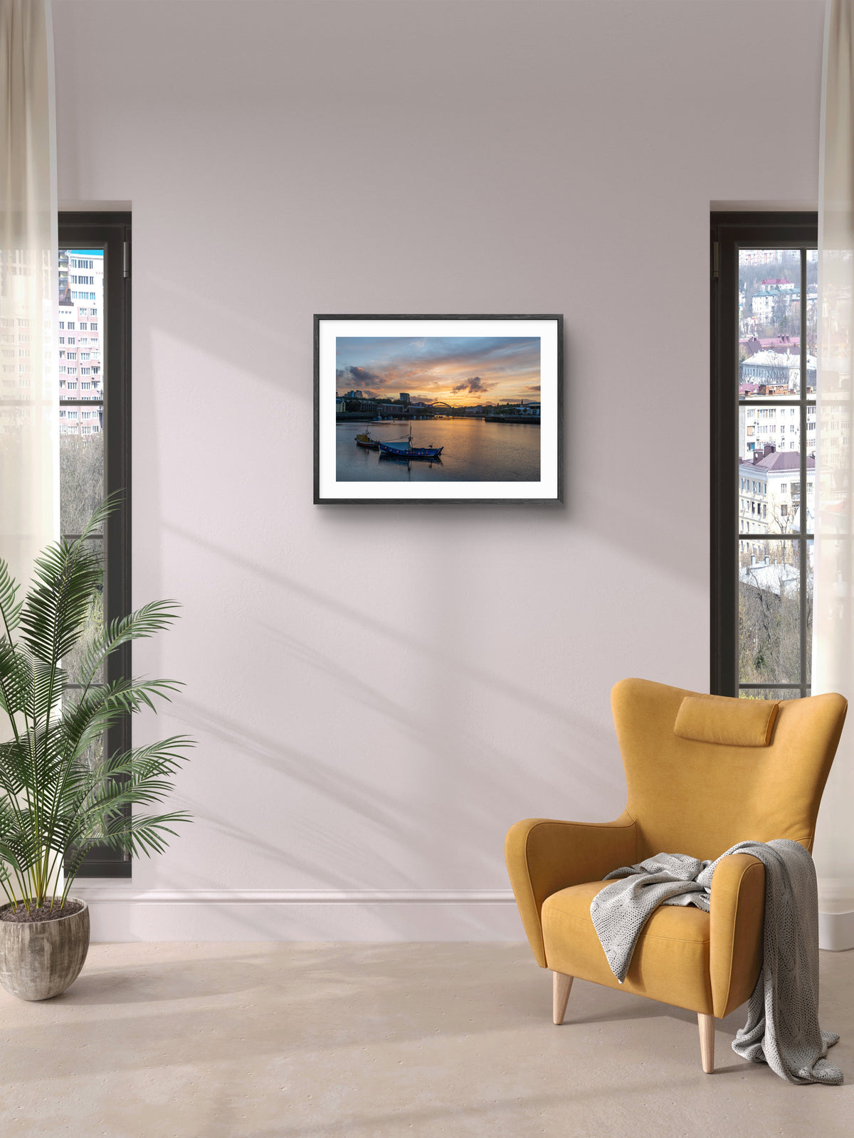 Wearmouth Bridge - Boats on the Wear - Sunset - Sunderland wall art displayed in a styled room setting.