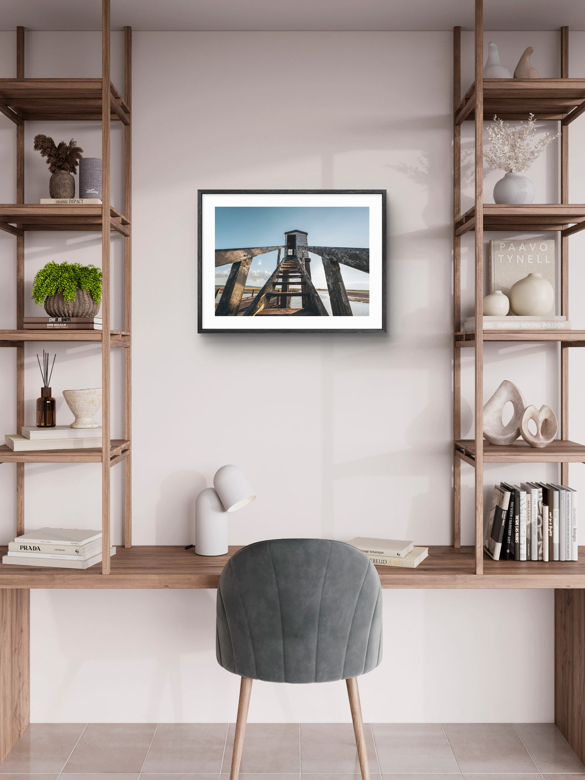 Refuge Shelter - Holy Island causeway - Lindisfarne - Northumberland wall art displayed in a styled room setting.