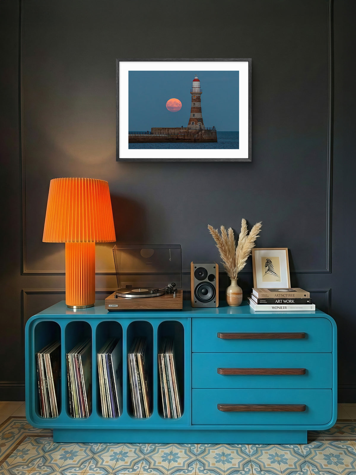 Roker Pier Lighthouse - Harvest Moon - Sunderland wall art displayed in a styled room setting.