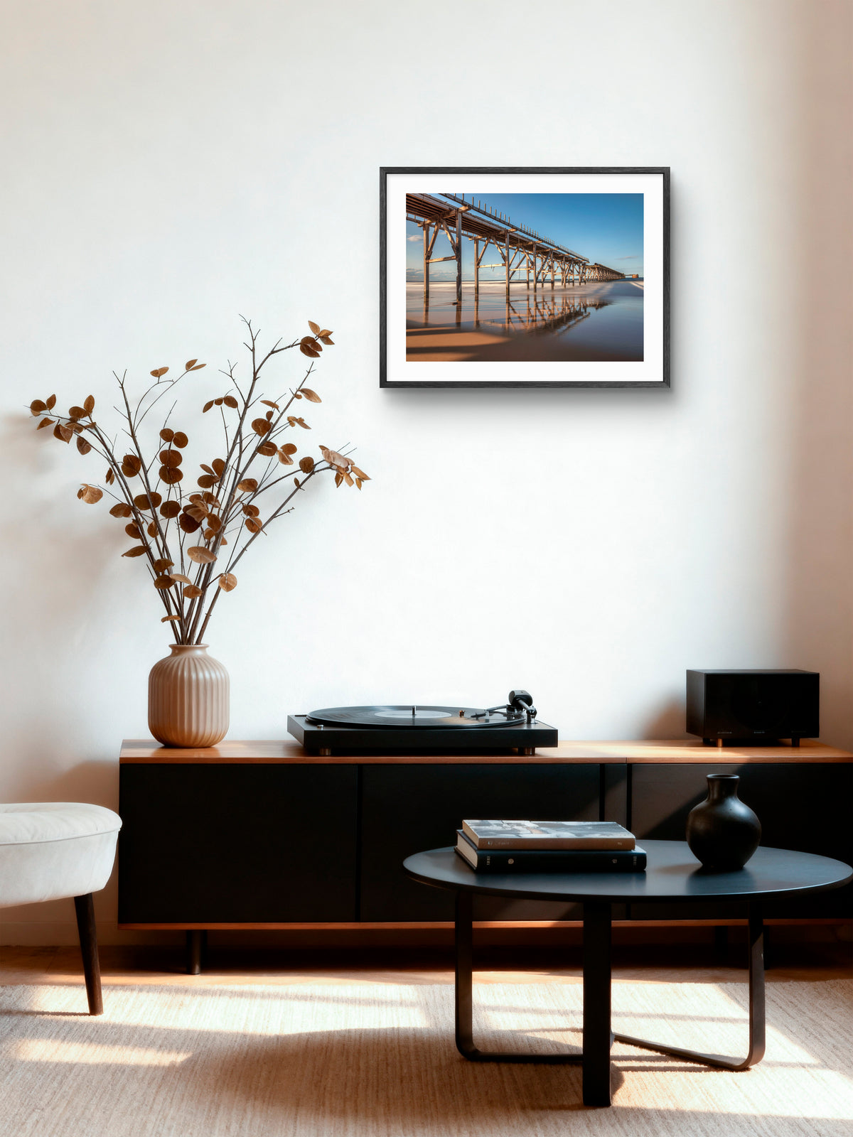 Steetley Pier - Cross Section - Water Reflections - Hartlepool - Teesside wall art displayed in a styled room setting.