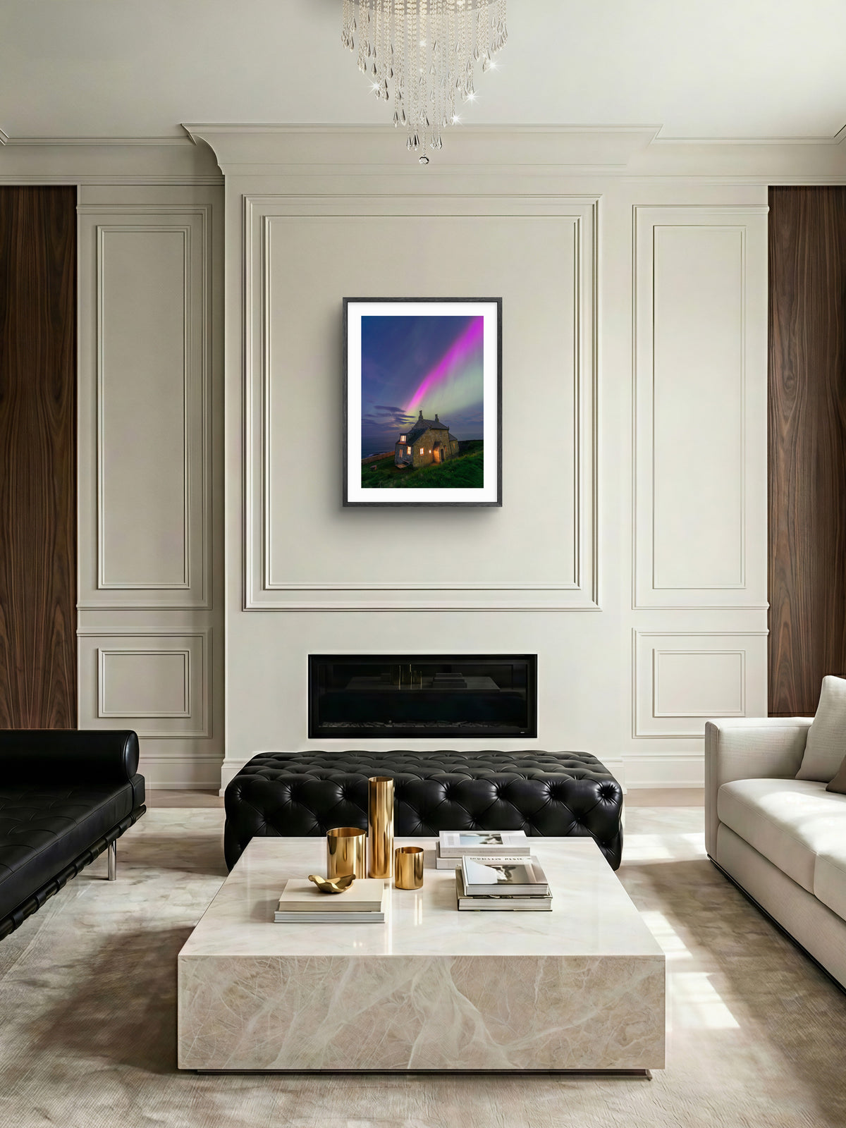 The Bathing House - Aurora Borealis - Craster - Northumberland wall art displayed in a styled room setting.