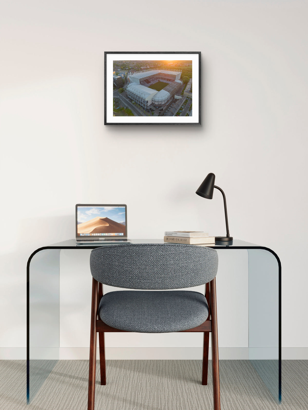 St James' Park Sunset - Home of Newcastle United F.C. wall art displayed in a styled room setting.