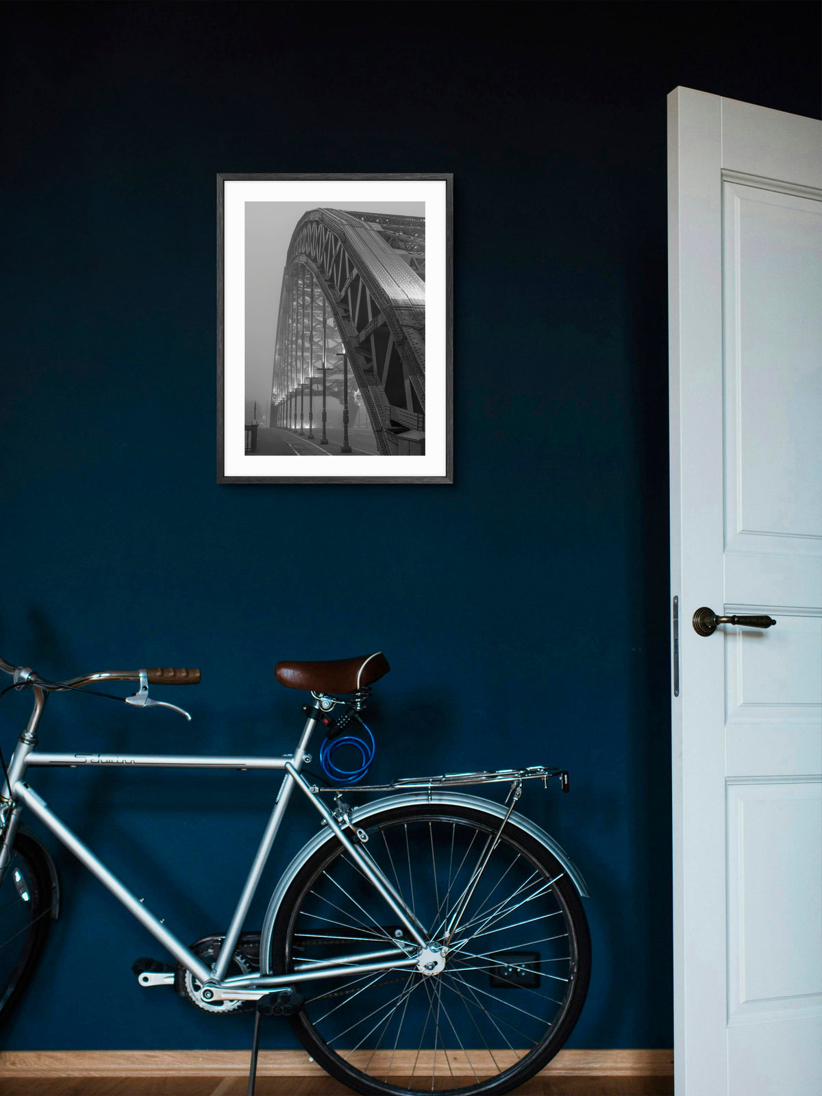 Wearmouth Bridge - Fog - Sunderland wall art displayed in a styled room setting.