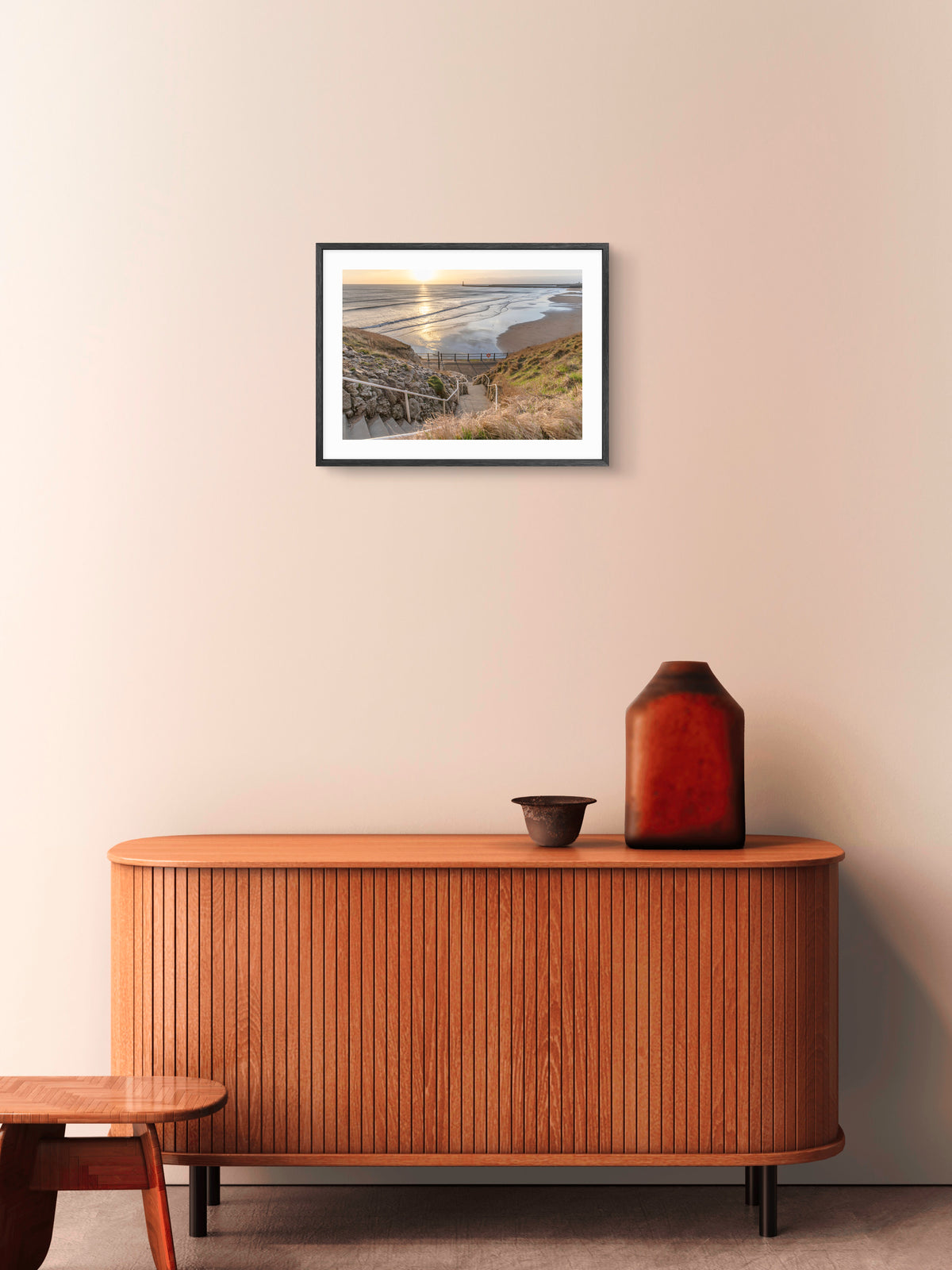 Cat and Dog Steps at Roker Beach in Sunderland wall art displayed in a styled room setting.