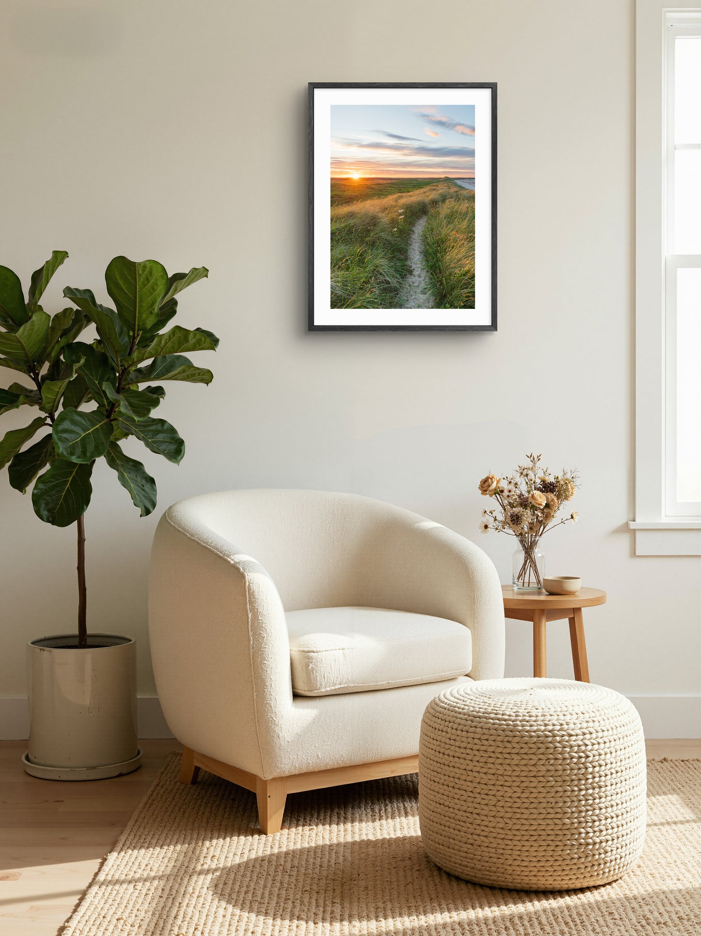 Sand dune sunset at Druridge Bay wall art displayed in a styled room setting.