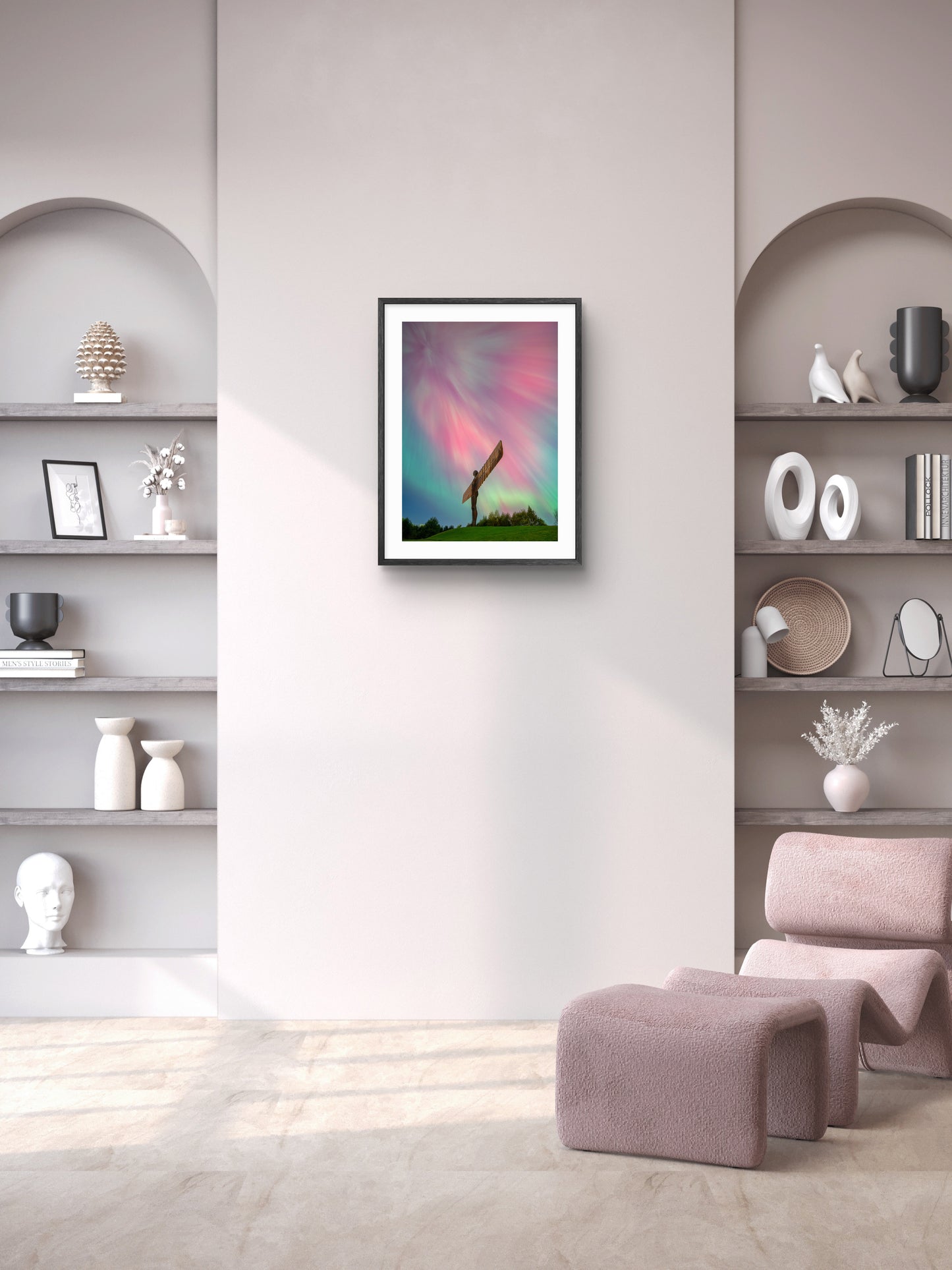 The Angel of the North - Aurora Borealis - Northern Lights North East England wall art displayed in a styled room setting.