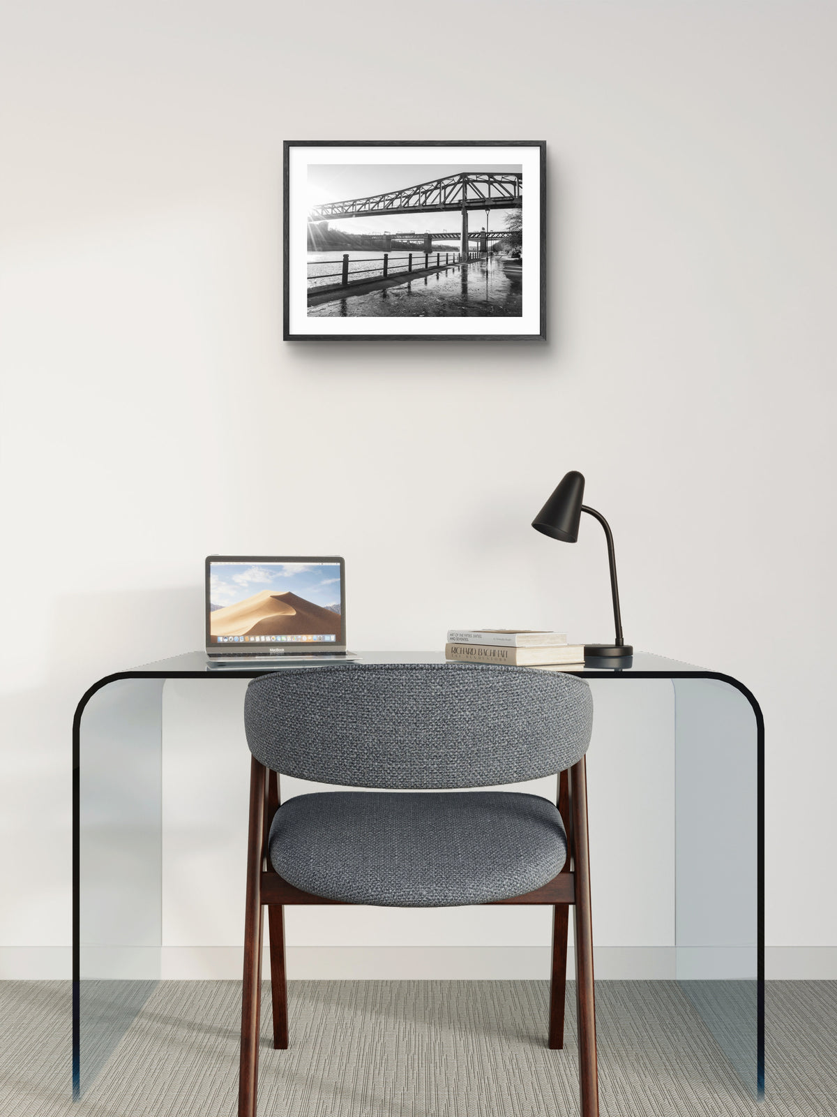 Metro Bridge Newcastle - Queen Elizabeth II Bridge - Black and White wall art displayed in a styled room setting.