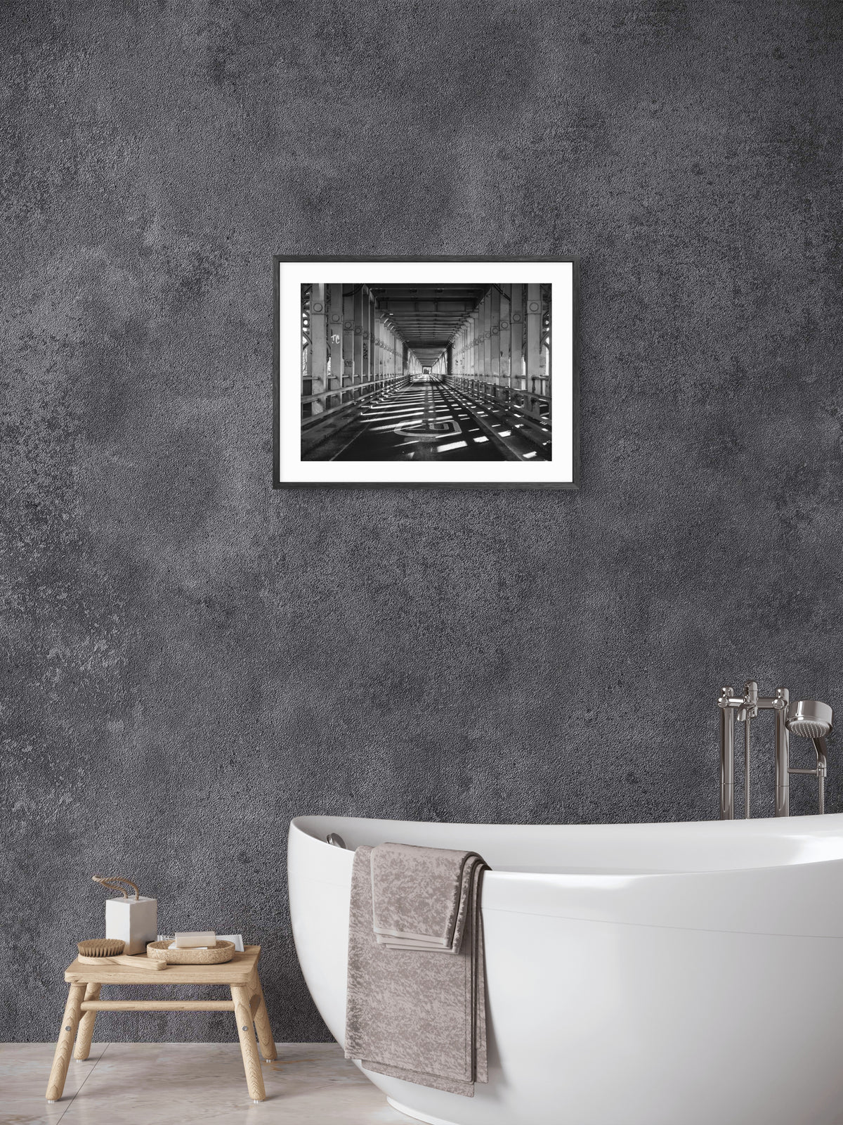 High Level Bridge Road - Newcastle Gateshead - Black and White wall art displayed in a styled room setting.