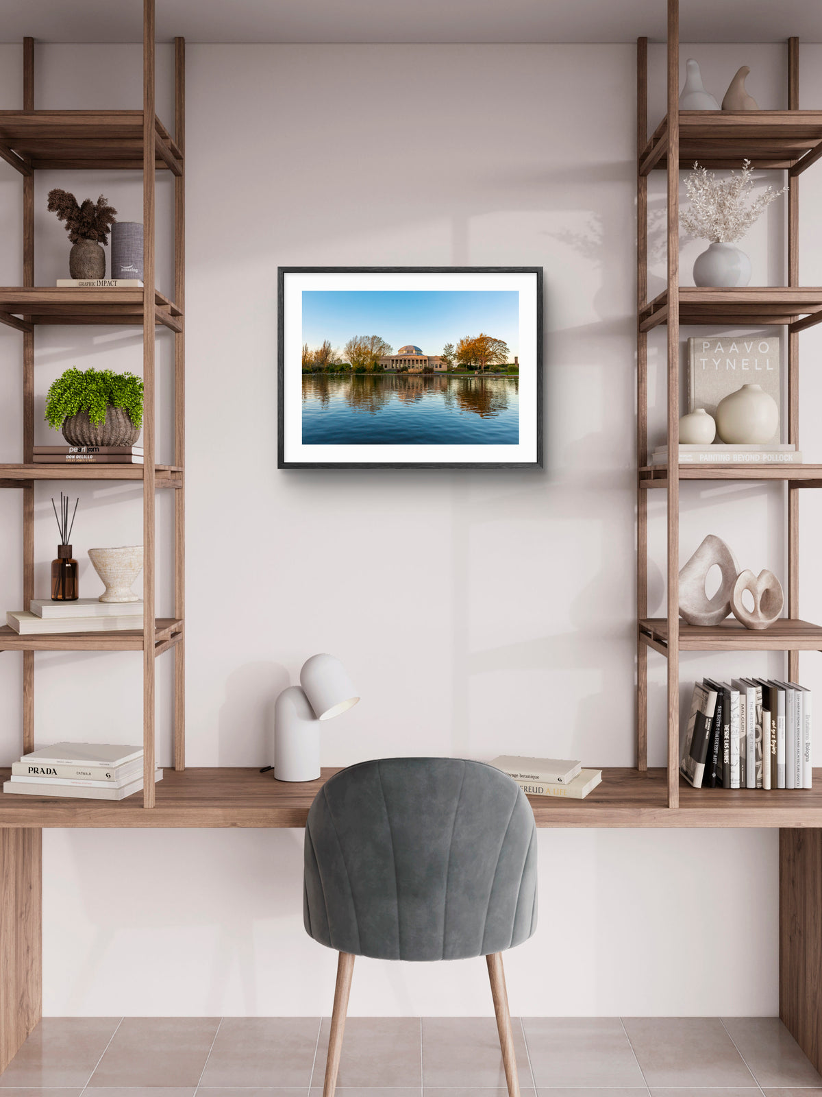 Exhibition Park - Lake Reflections - Newcastle wall art displayed in a styled room setting.