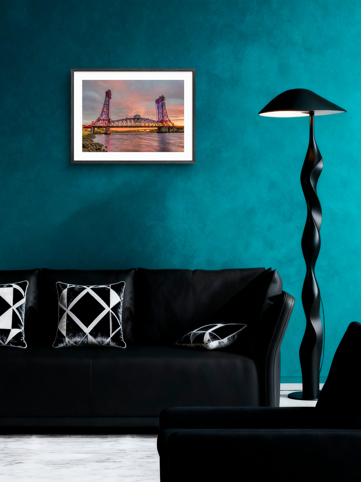 Tees Newport Bridge - Sunset - River Tees -Teesside wall art displayed in a styled room setting.