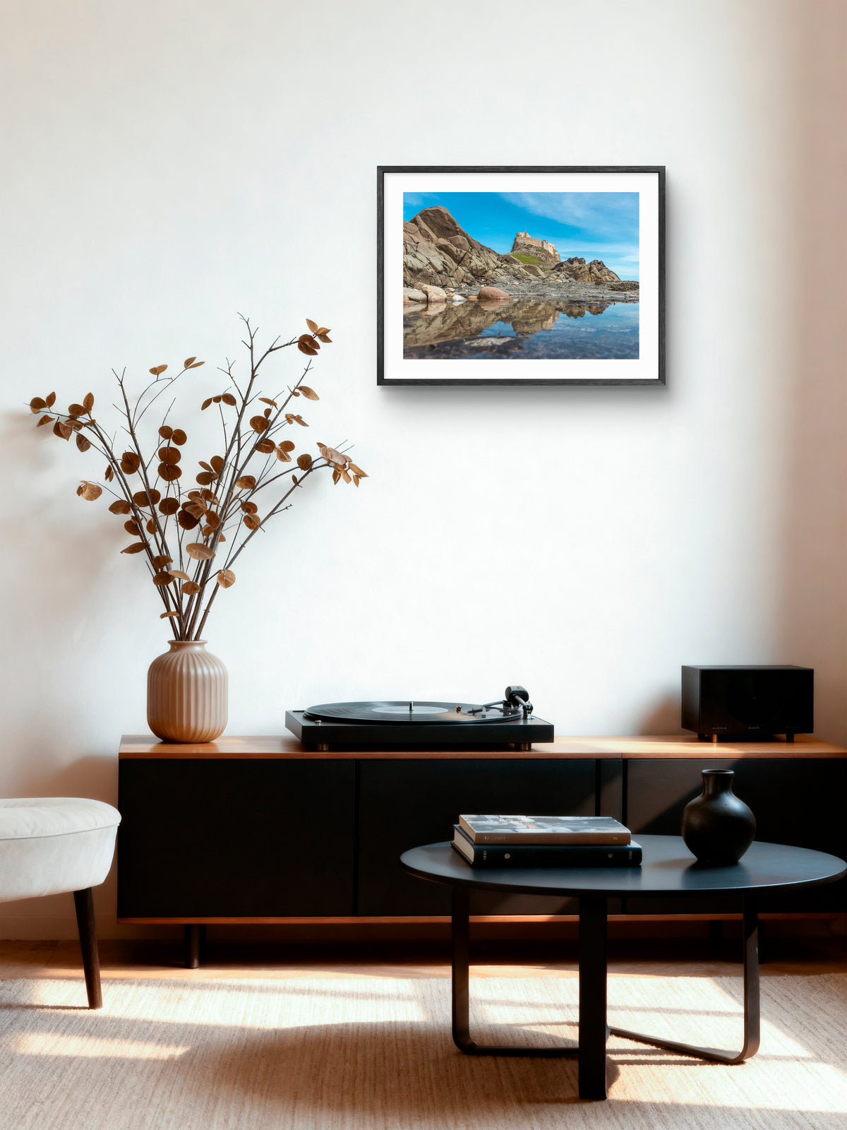 Lindisfarne Castle - Rock Pool Reflections - Holy Island - Northumberland wall art displayed in a styled room setting.