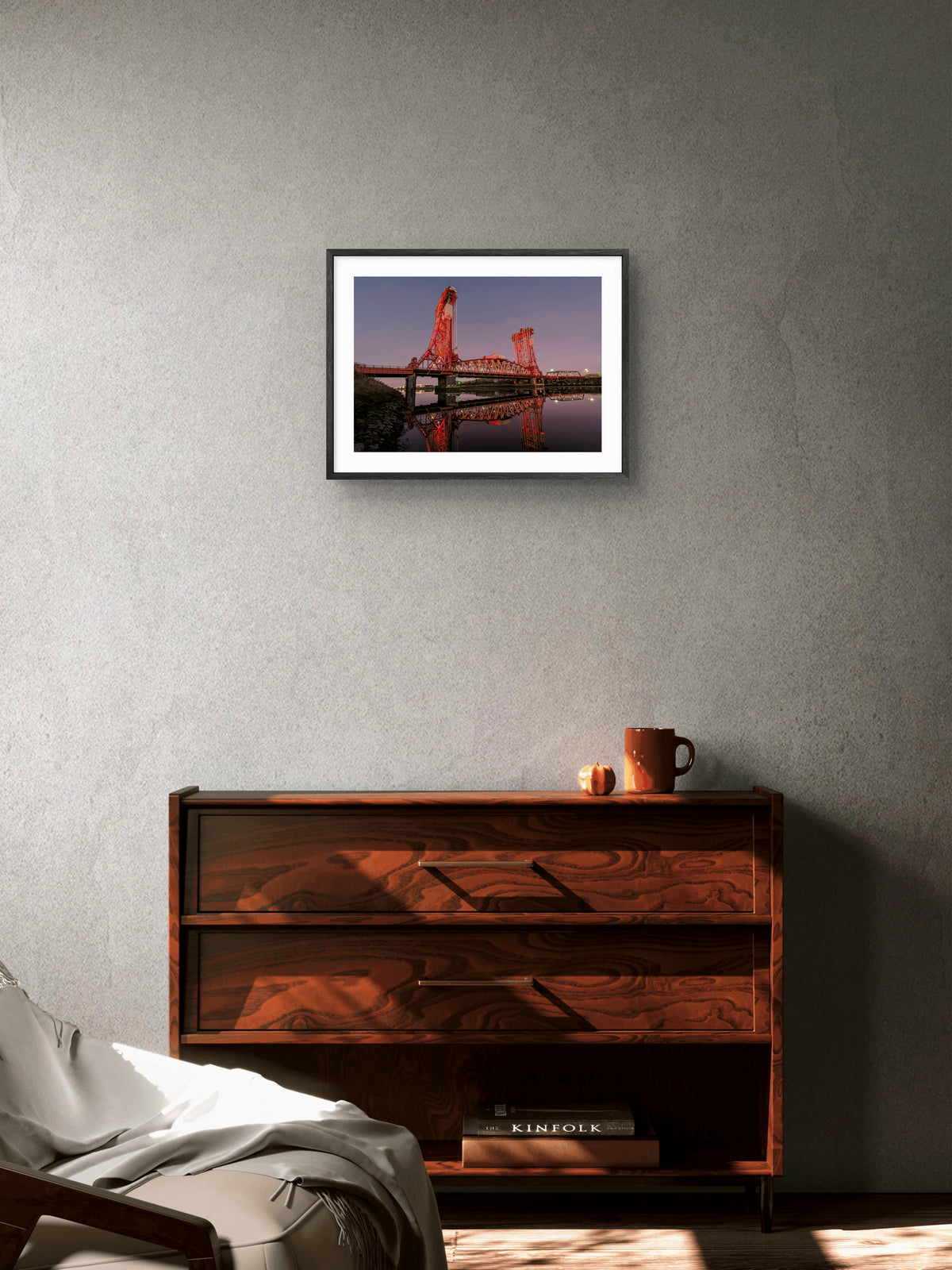 Tees Newport Bridge - River Tees - Teesside wall art displayed in a styled room setting.