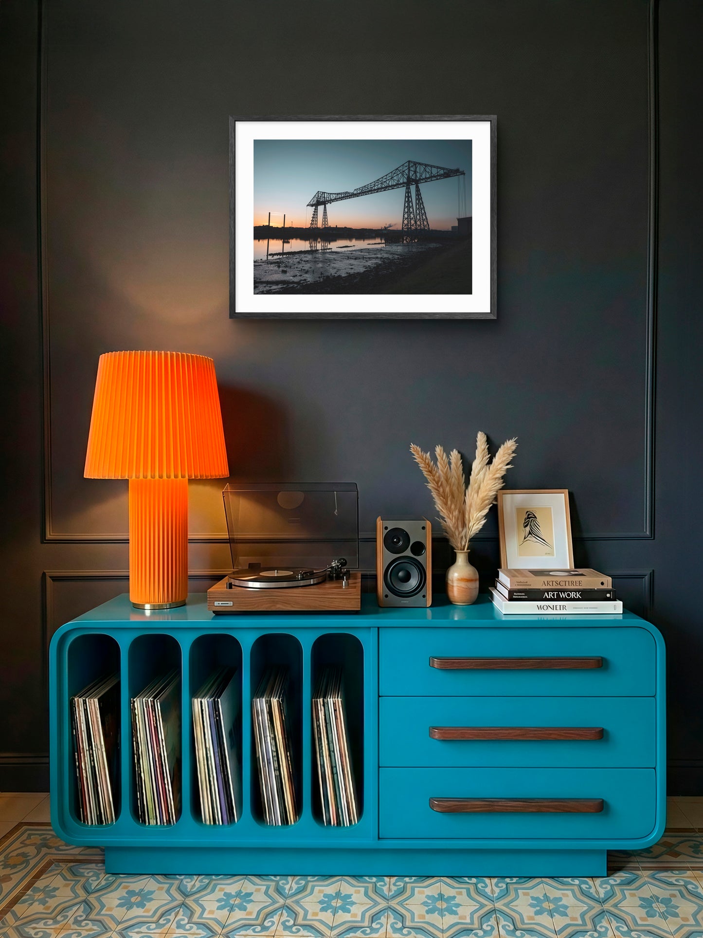 Tees Transporter Bridge - Sunset - Middlesbrough - Teesside wall art displayed in a styled room setting.