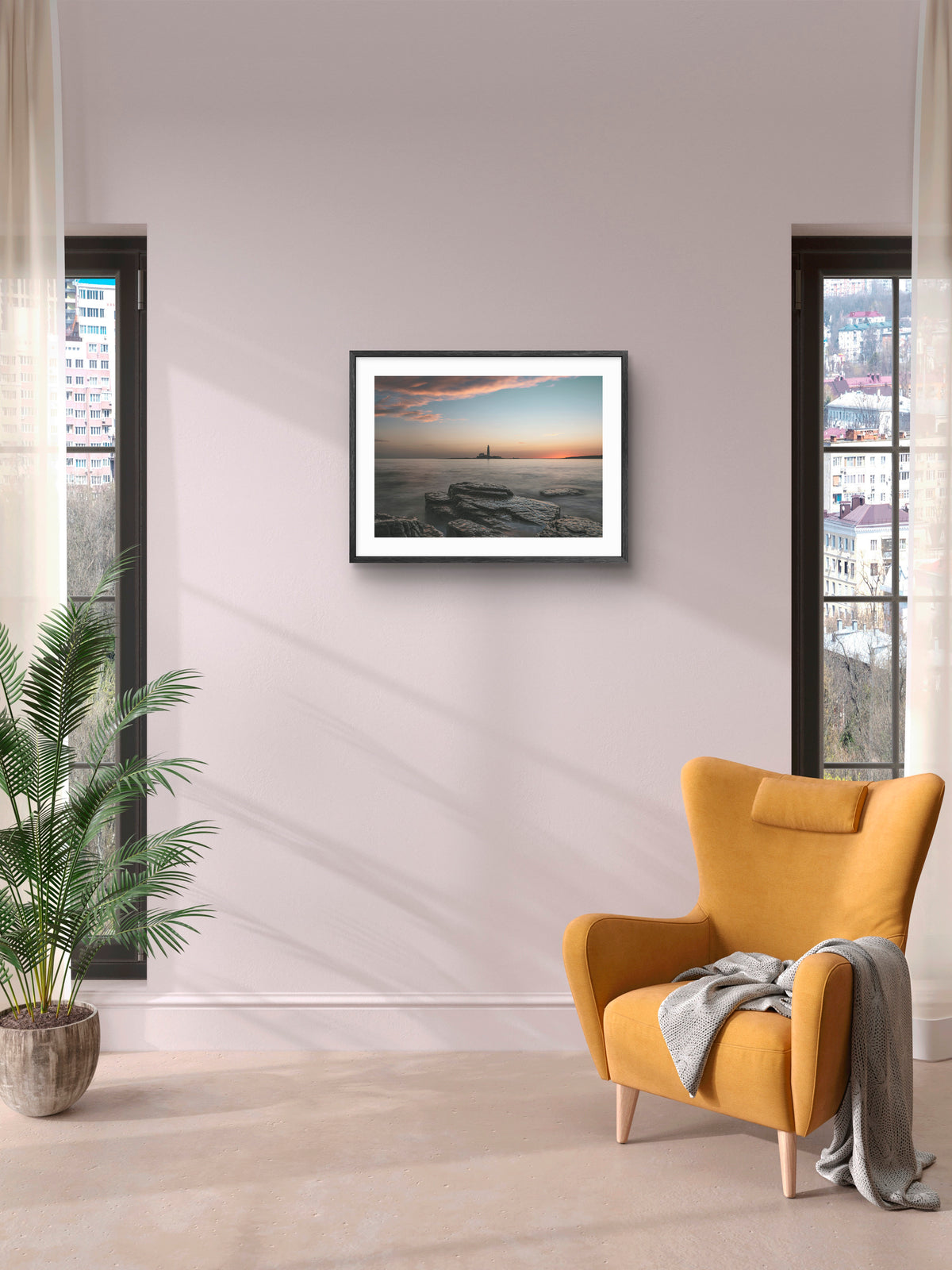 St Mary's Lighthouse - Sunrise - Whitley Bay - North Tyneside wall art displayed in a styled room setting.