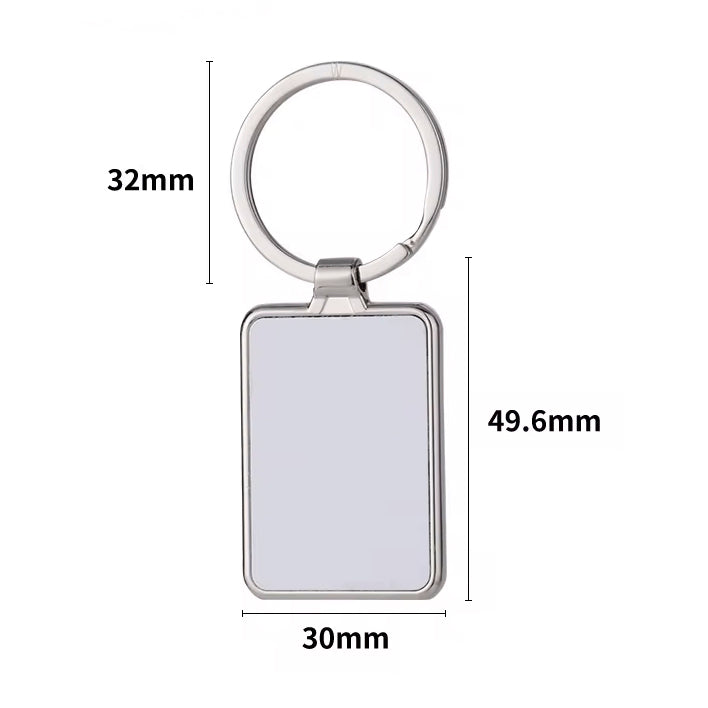 Silver rectangular keyring size guide – 30 mm wide, 49.6 mm high with 32 mm ring